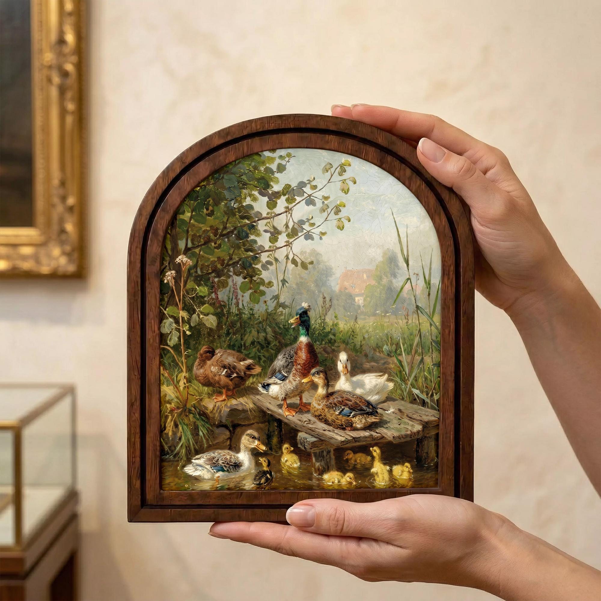 Duck Pond Oil Painting Arch Wood Frame, Farmhouse Wall Art, Vintage Countryside Decor, Mallard Duck Canvas Print, Rustic Nursery Gift Decor