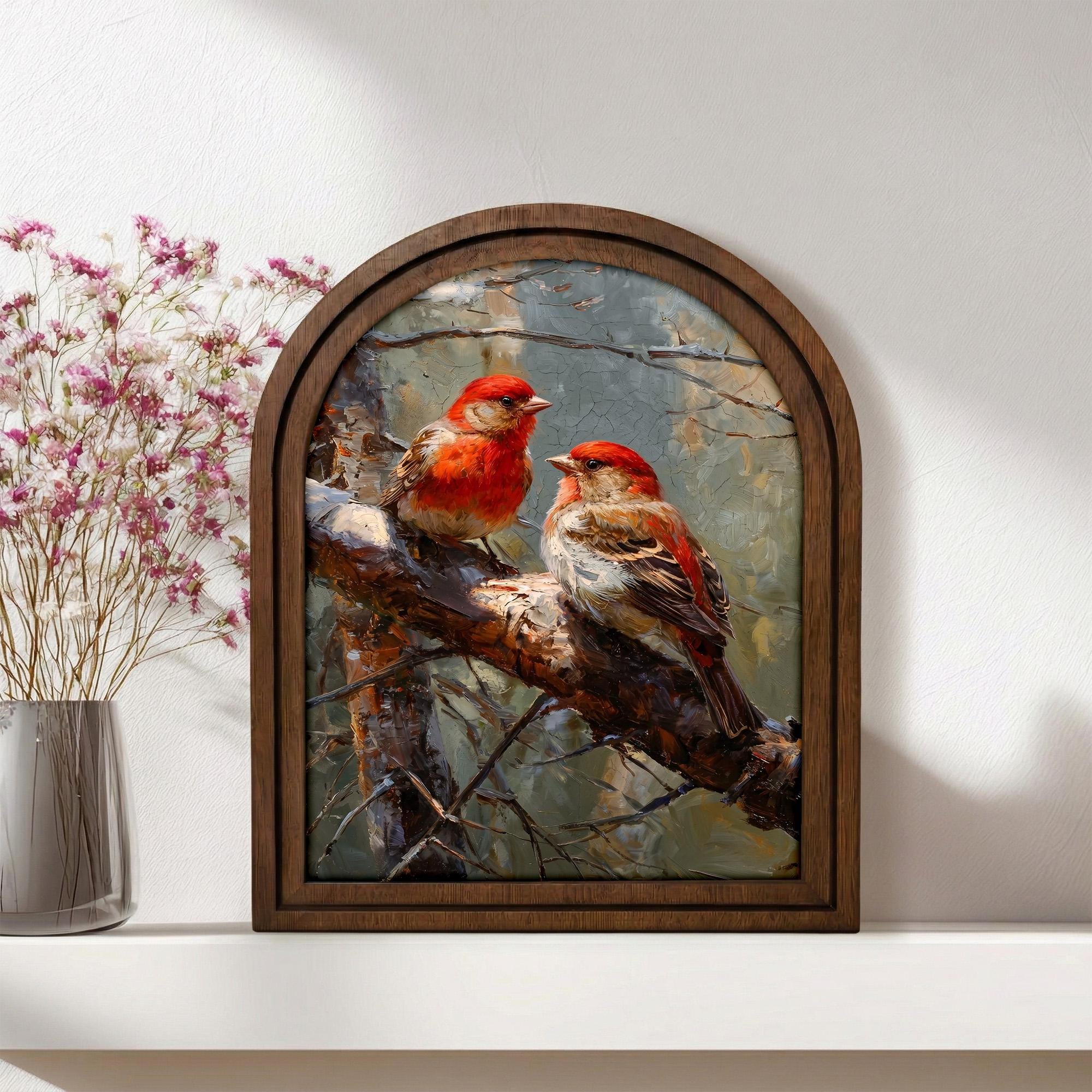 Red Bird Wall Art Cardinal Wood Frame Nature Lover Gift Rustic Bird Painting Arched Canvas Print Farmhouse Wall Decor Songbird Home Decor