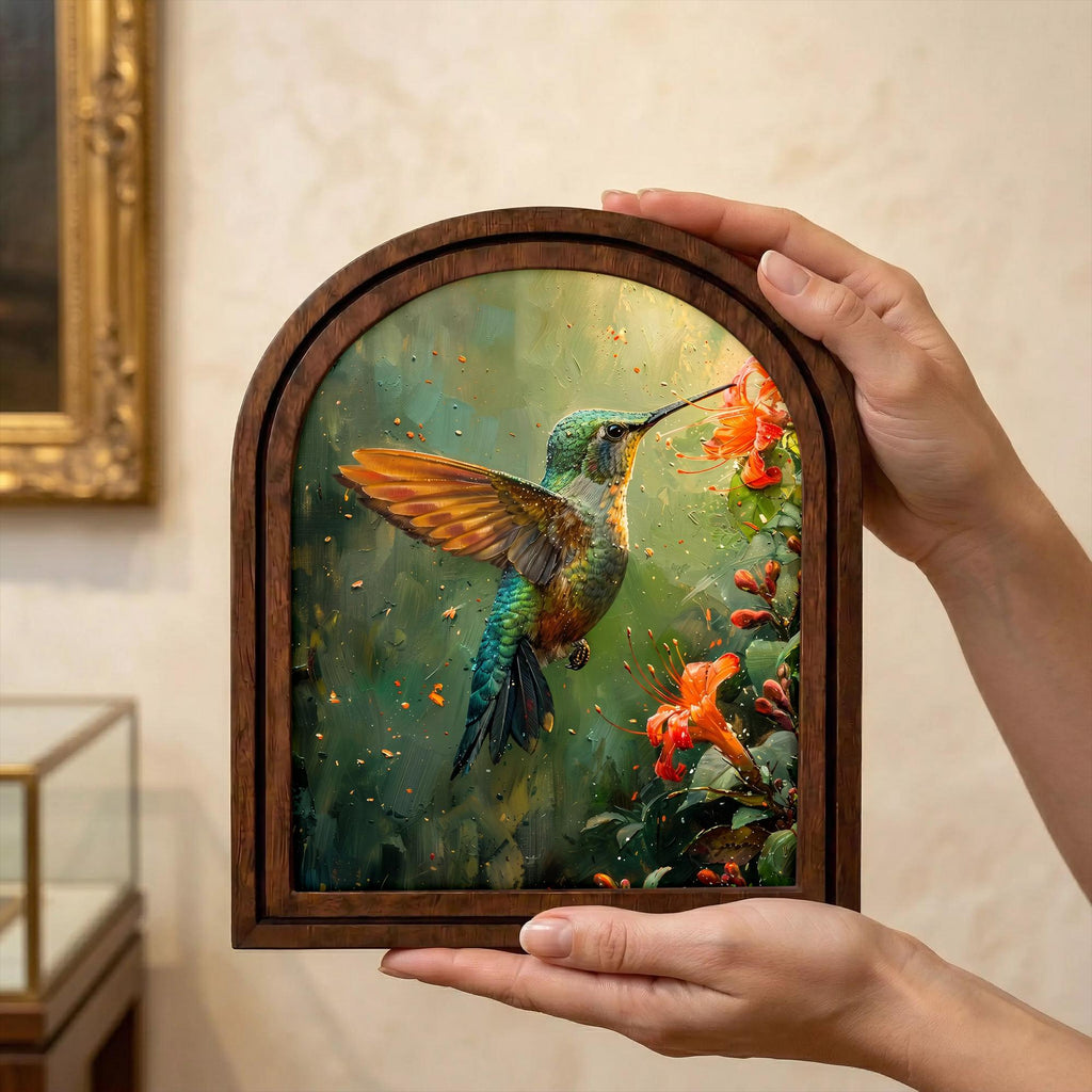 Hummingbird Wall Art Arch Wood Frame Bird Lover Gift Hummingbird Painting Canvas Print Flower Decor 7x9 9x11 11x14 14x18 3 Layer Plywood Art