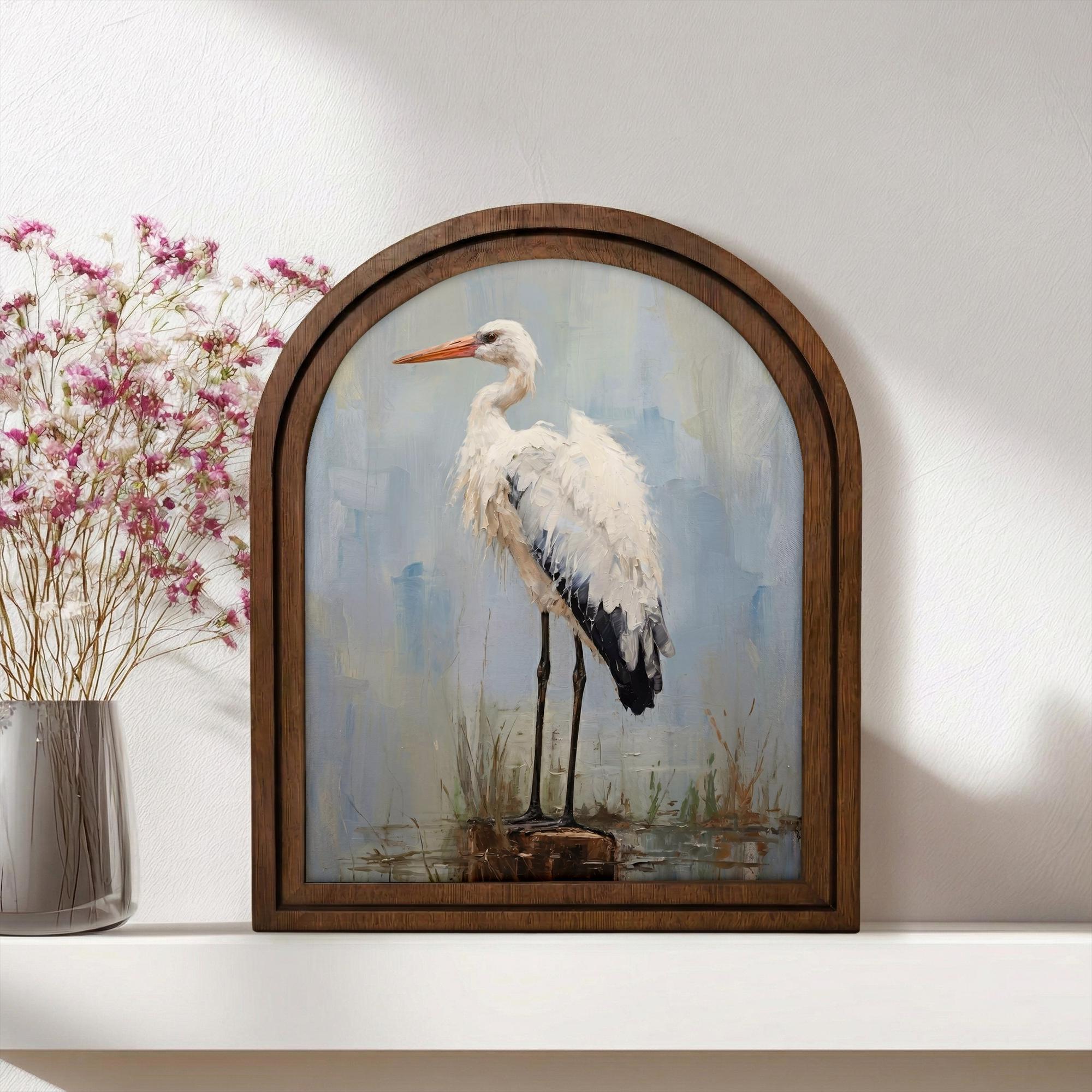 Heron Wall Art Arch Wood Frame Stork Painting Canvas Print Coastal Wall Decor Lake House Gift 7x9 9x11 11x14 14x18 3 Layer Plywood Frame