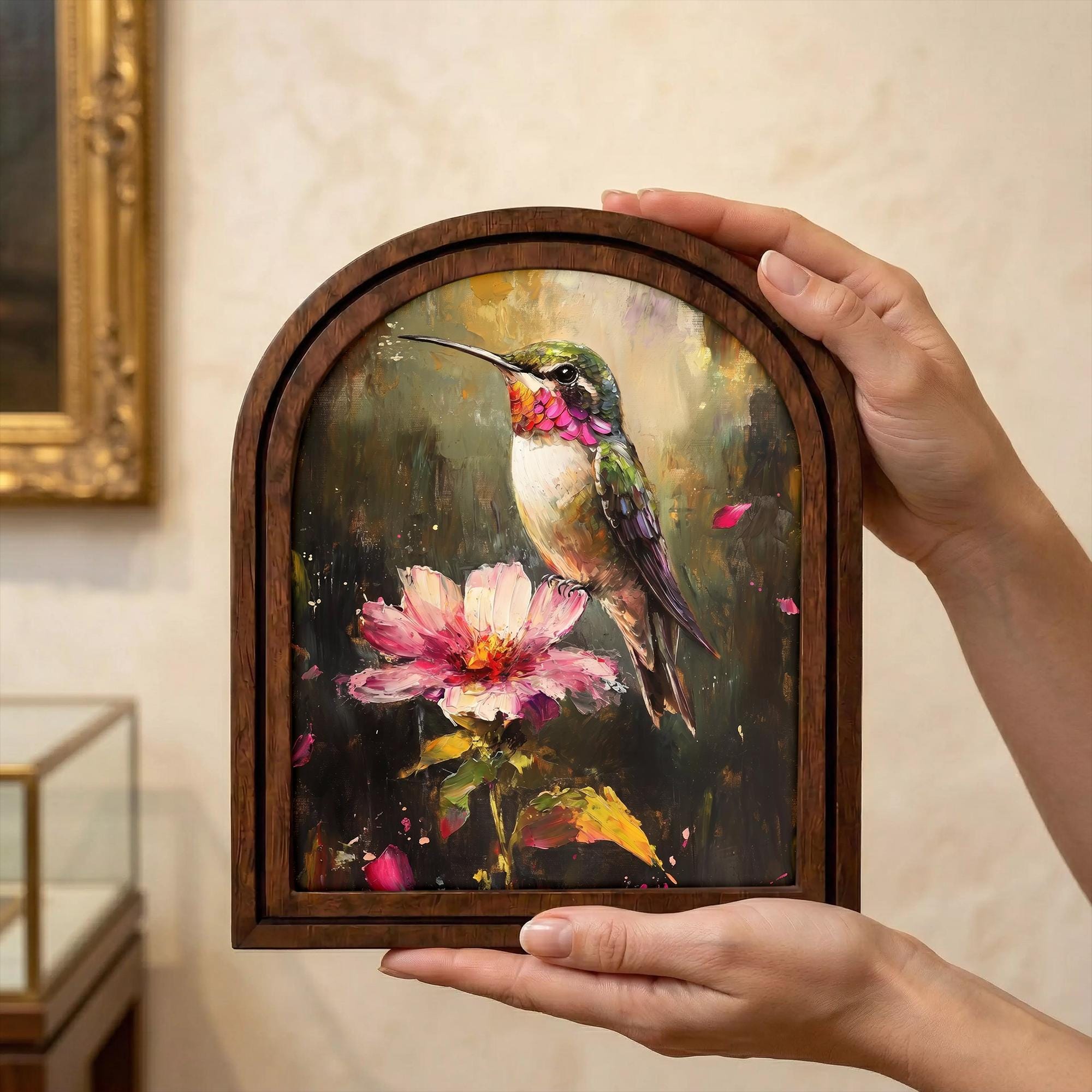 Hummingbird Wall Art Arch Wood Frame Flower Painting Canvas Print Cottagecore Decor Hummingbird Gift 7x9 9x11 11x14 14x18 3 Layer Plywood