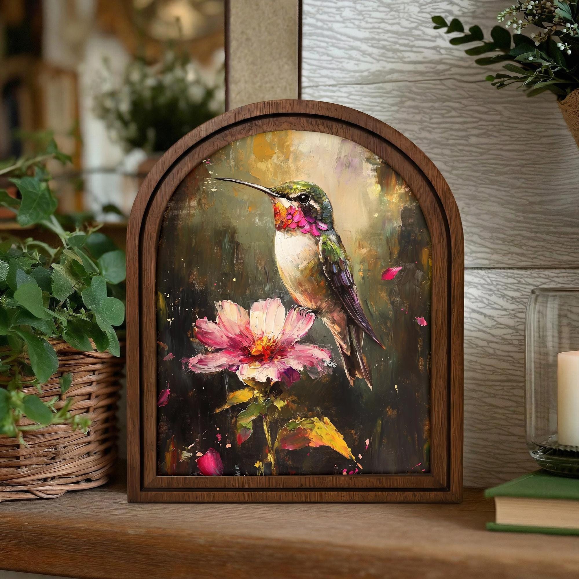 Hummingbird Wall Art Arch Wood Frame Flower Painting Canvas Print Cottagecore Decor Hummingbird Gift 7x9 9x11 11x14 14x18 3 Layer Plywood