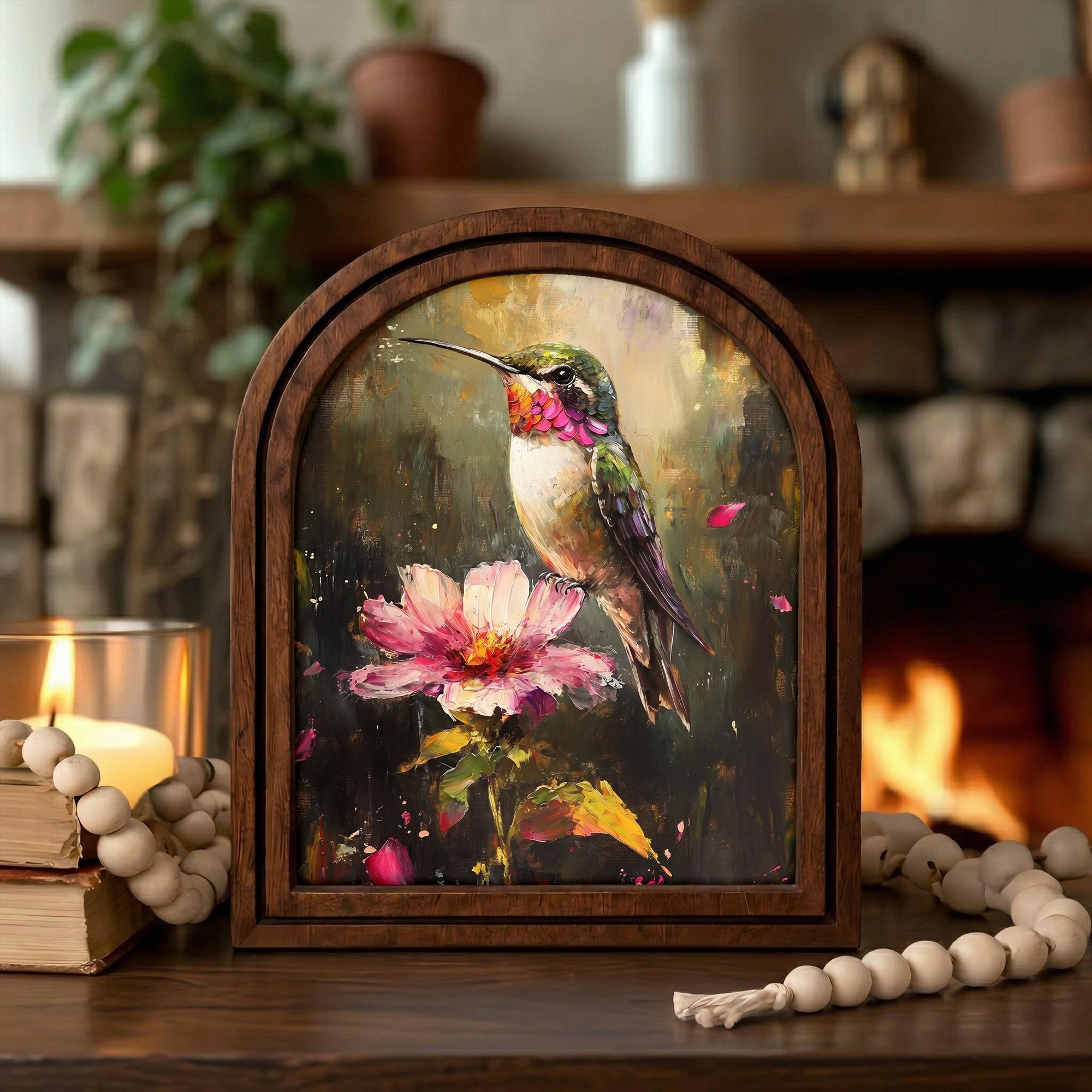Hummingbird Wall Art Arch Wood Frame Flower Painting Canvas Print Cottagecore Decor Hummingbird Gift 7x9 9x11 11x14 14x18 3 Layer Plywood