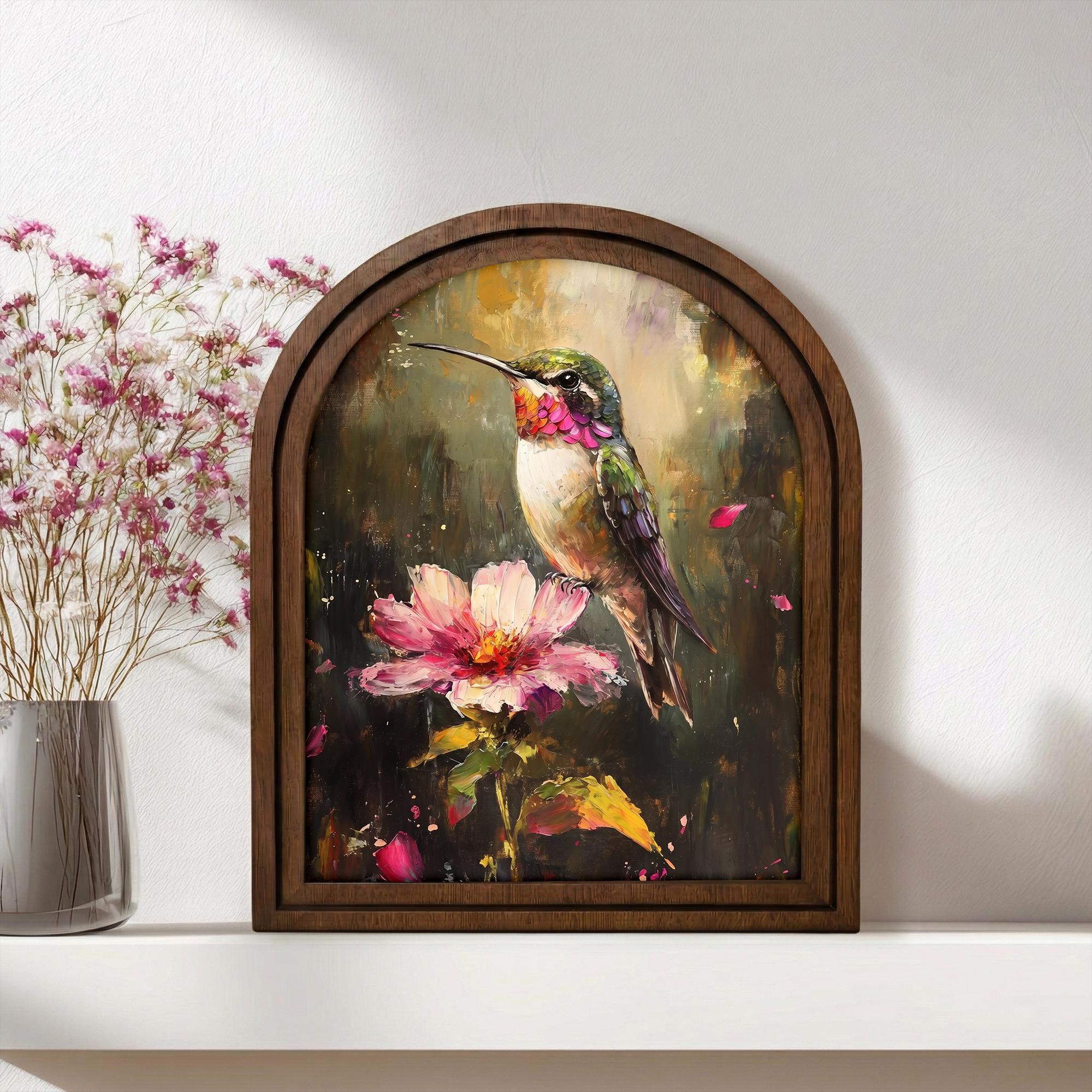 Hummingbird Wall Art Arch Wood Frame Flower Painting Canvas Print Cottagecore Decor Hummingbird Gift 7x9 9x11 11x14 14x18 3 Layer Plywood