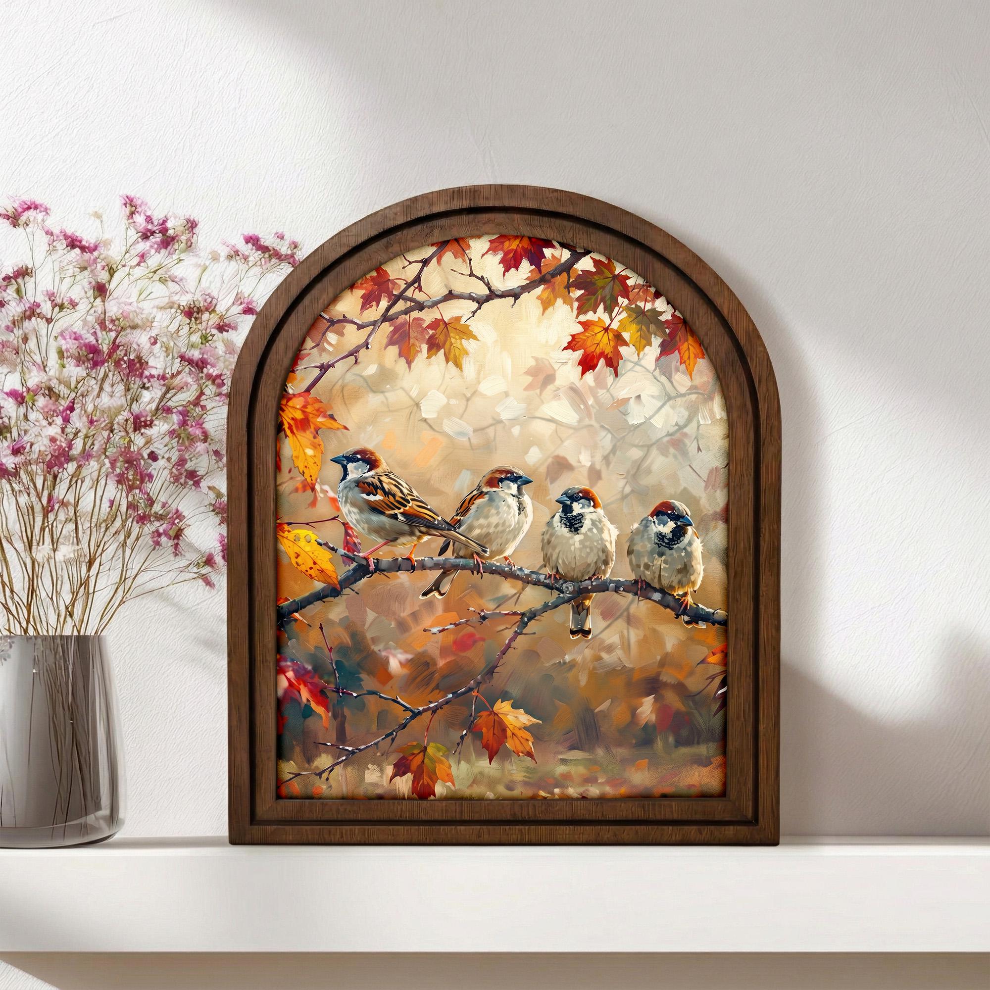 Bird Wall Art Arch Wood Frame Sparrow Painting Canvas Print Autumn Leaves Decor Cozy Home Gift 7x9 9x11 11x14 14x18 3 Layer Plywood Frame