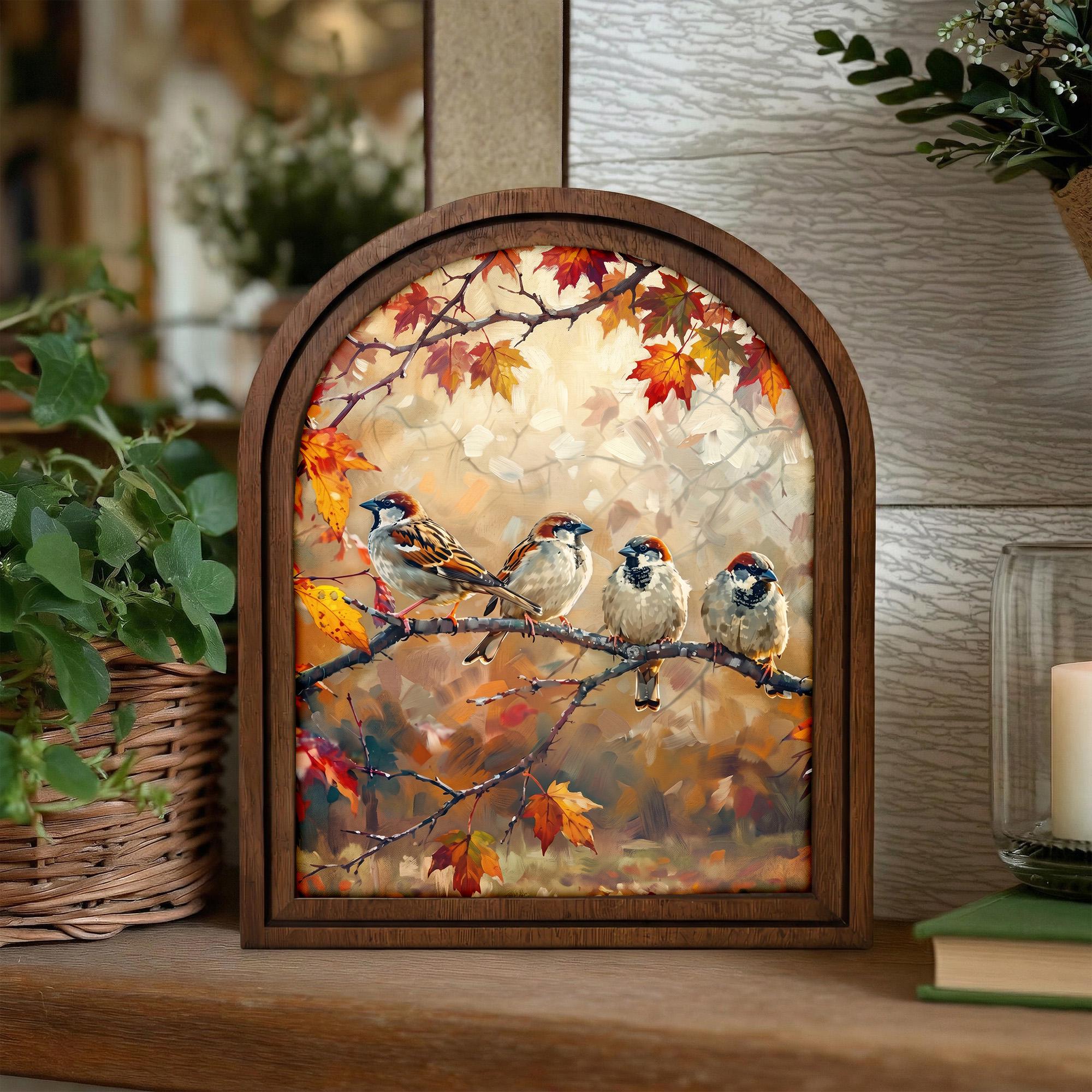 Bird Wall Art Arch Wood Frame Sparrow Painting Canvas Print Autumn Leaves Decor Cozy Home Gift 7x9 9x11 11x14 14x18 3 Layer Plywood Frame