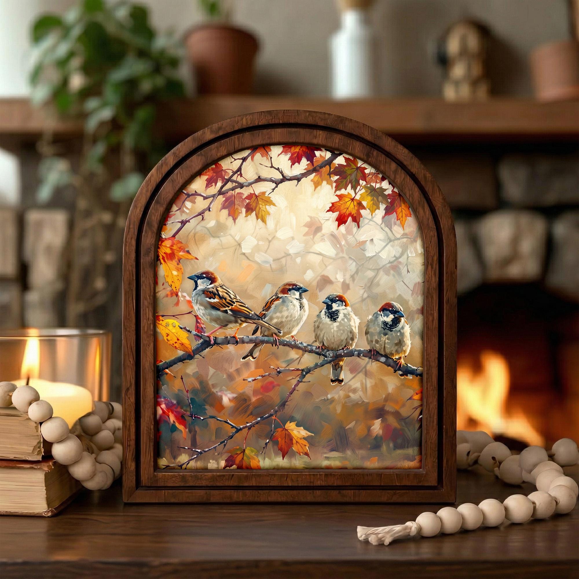 Bird Wall Art Arch Wood Frame Sparrow Painting Canvas Print Autumn Leaves Decor Cozy Home Gift 7x9 9x11 11x14 14x18 3 Layer Plywood Frame