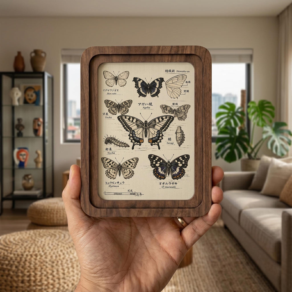 Butterfly Vintage Botanical Print Framed Wood Wall Art, Japanese Lepidoptera Canvas Illustration, Nature Lover Gift, 3D Layered Wood Frame