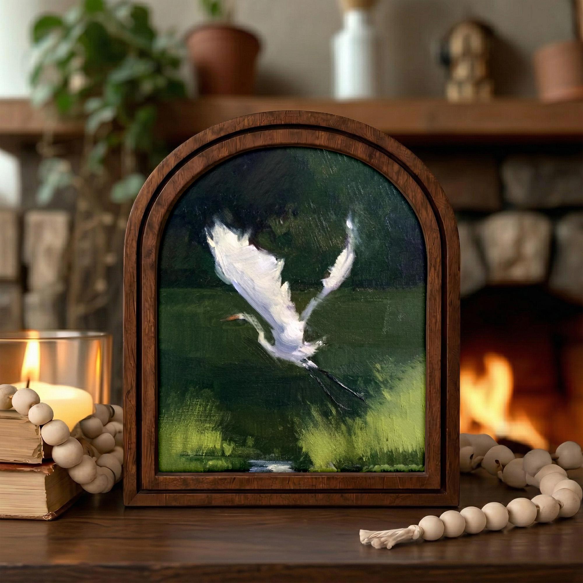 Egret Wall Art Arch Wood Frame White Heron Painting Canvas Print Abstract Bird Art Dark Academia Decor 7x9 9x11 11x14 14x18 3 Layer Plywood