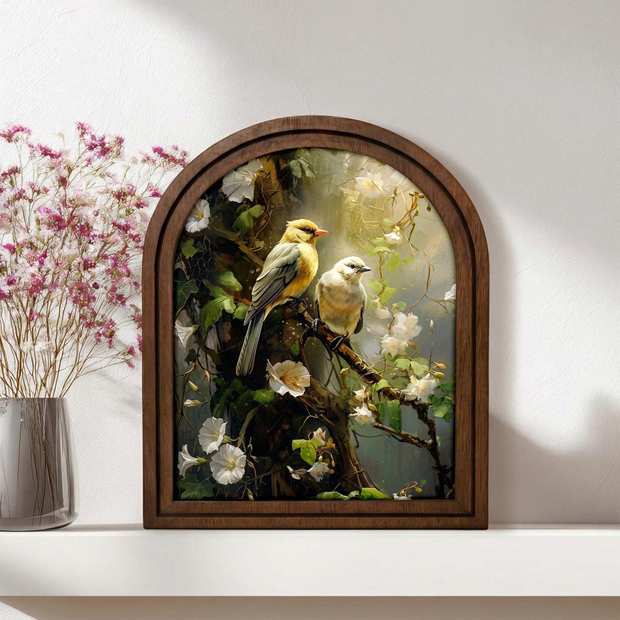 Yellow Bird Wall Art Arch Wood Frame Songbird Painting Canvas Print White Floral Decor Bird Lover Gift 7x9 9x11 11x14 14x18 Plywood Frame