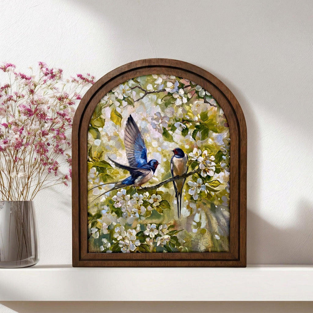 Swallow Bird Art Arch Wood Frame Spring Flower Painting Canvas Print Nature Wall Decor Gift 7x9 9x11 11x14 14x18 3 Layer Plywood Frame Art