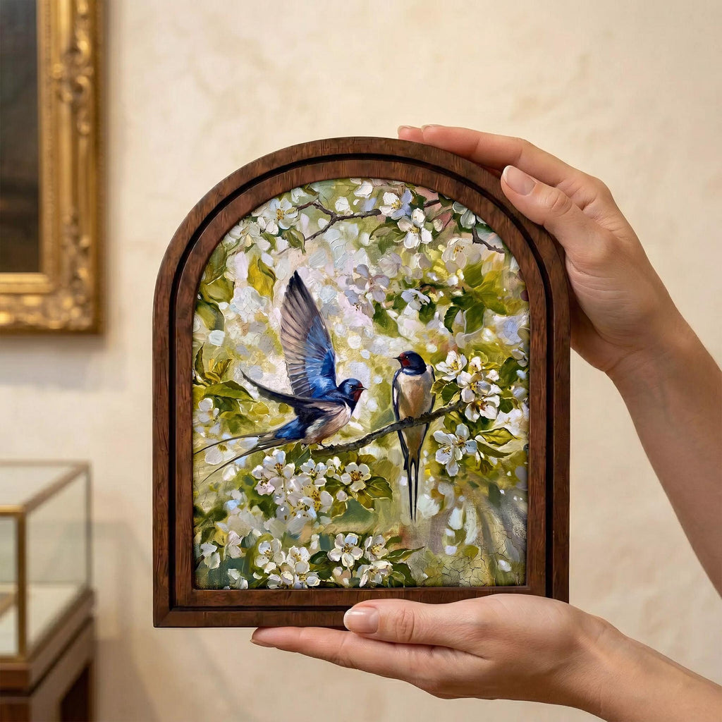 Swallow Bird Art Arch Wood Frame Spring Flower Painting Canvas Print Nature Wall Decor Gift 7x9 9x11 11x14 14x18 3 Layer Plywood Frame Art