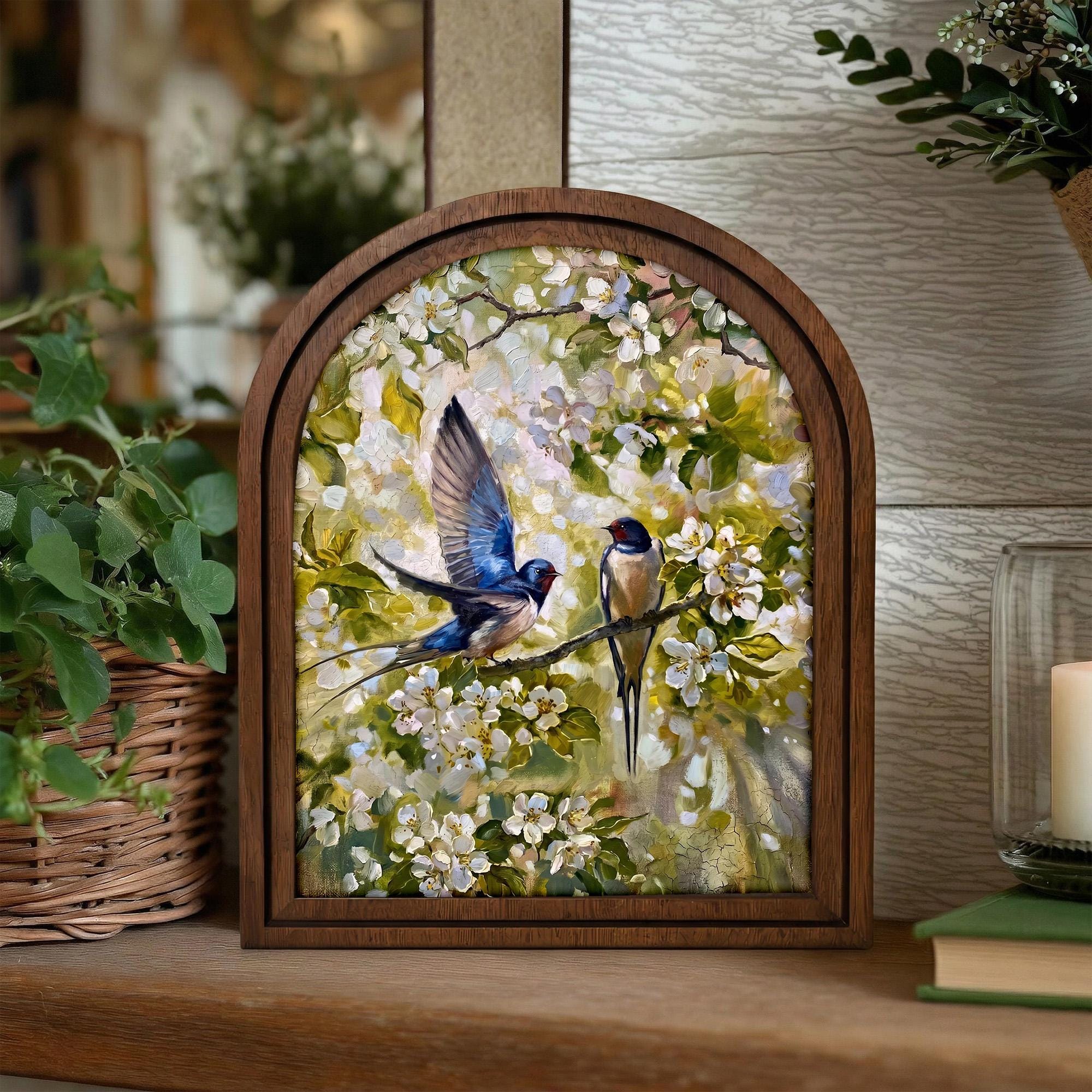 Swallow Bird Art Arch Wood Frame Spring Flower Painting Canvas Print Nature Wall Decor Gift 7x9 9x11 11x14 14x18 3 Layer Plywood Frame Art