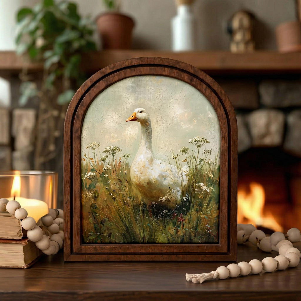 Goose Oil Painting, Farmhouse Wall Art, Wood Framed Canvas, Goose Decor, Rustic Home Decor, Country House Gift, Animal Portrait,Arched Frame