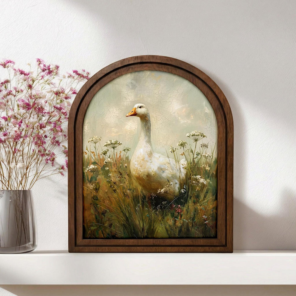 Goose Oil Painting, Farmhouse Wall Art, Wood Framed Canvas, Goose Decor, Rustic Home Decor, Country House Gift, Animal Portrait,Arched Frame