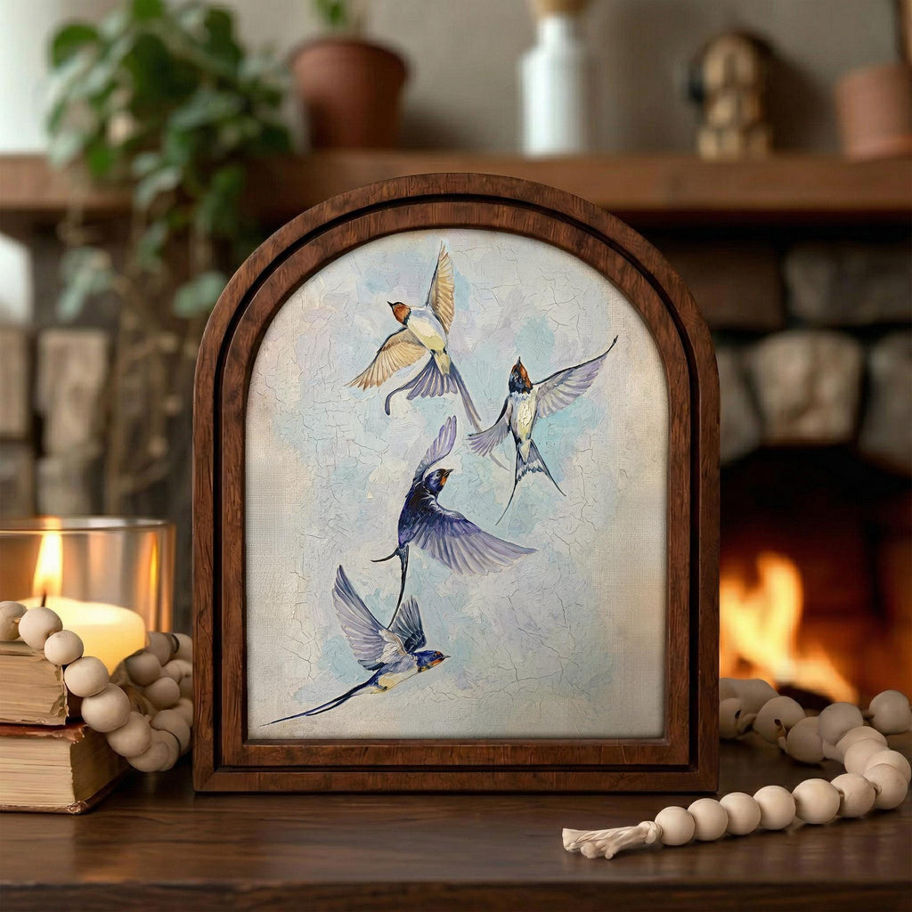 Flying Swallow Bird Art, Wood Arch Framed Canvas, Vintage Blue Bird Painting, Farmhouse Wall Decor, Nature Lover Gift, Rustic Home Gallery
