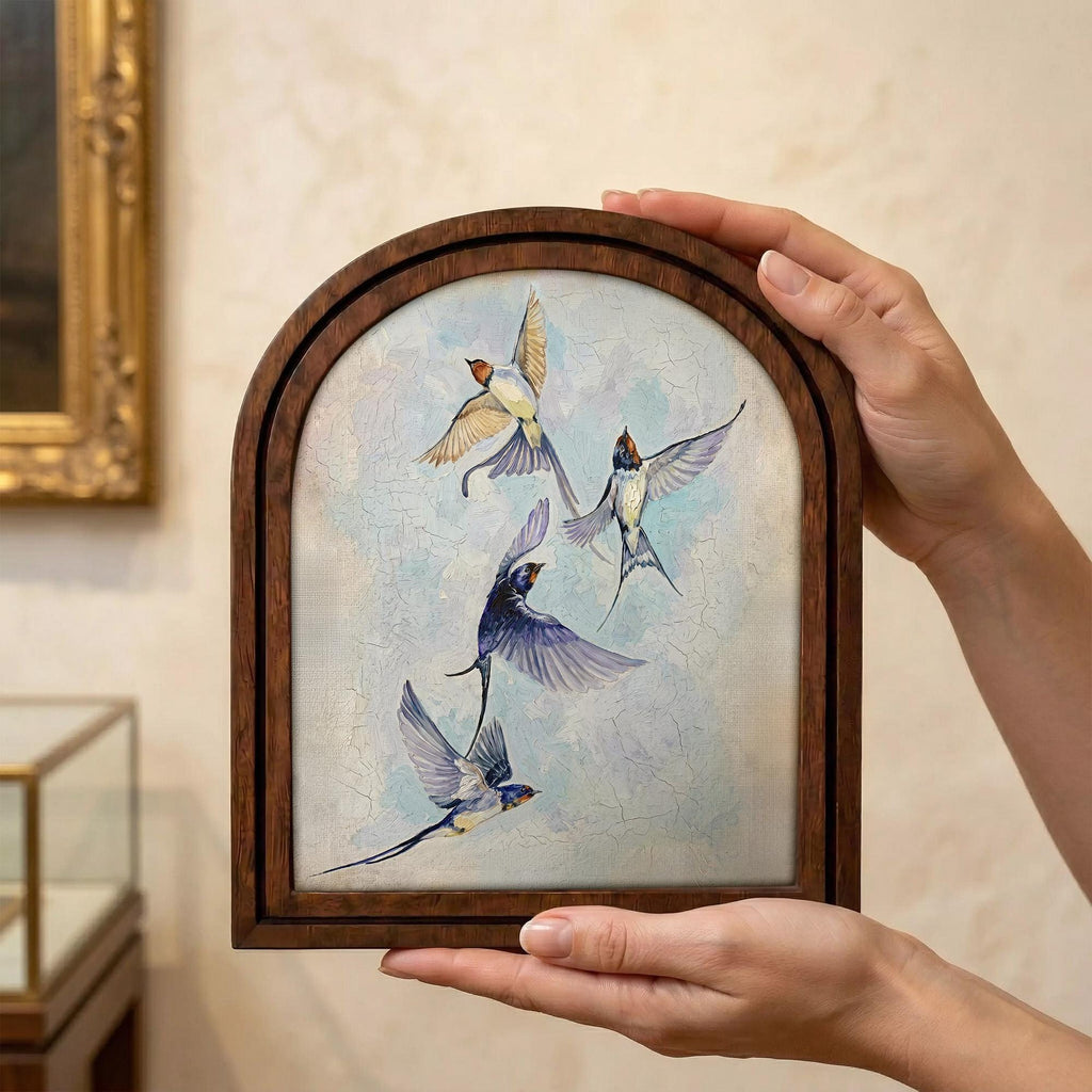 Flying Swallow Bird Art, Wood Arch Framed Canvas, Vintage Blue Bird Painting, Farmhouse Wall Decor, Nature Lover Gift, Rustic Home Gallery