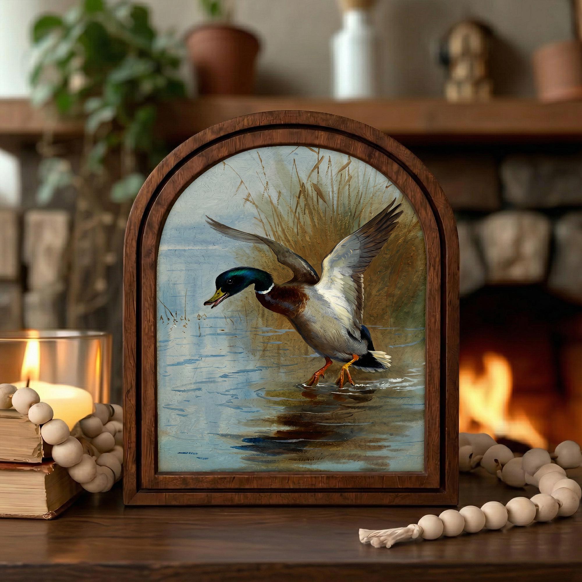 Mallard Duck Art, Wood Arch Framed Canvas, Vintage Wildlife Painting, Farmhouse Wall Decor, Hunting Lodge Gift, Rustic Duck Decor, Bird Art
