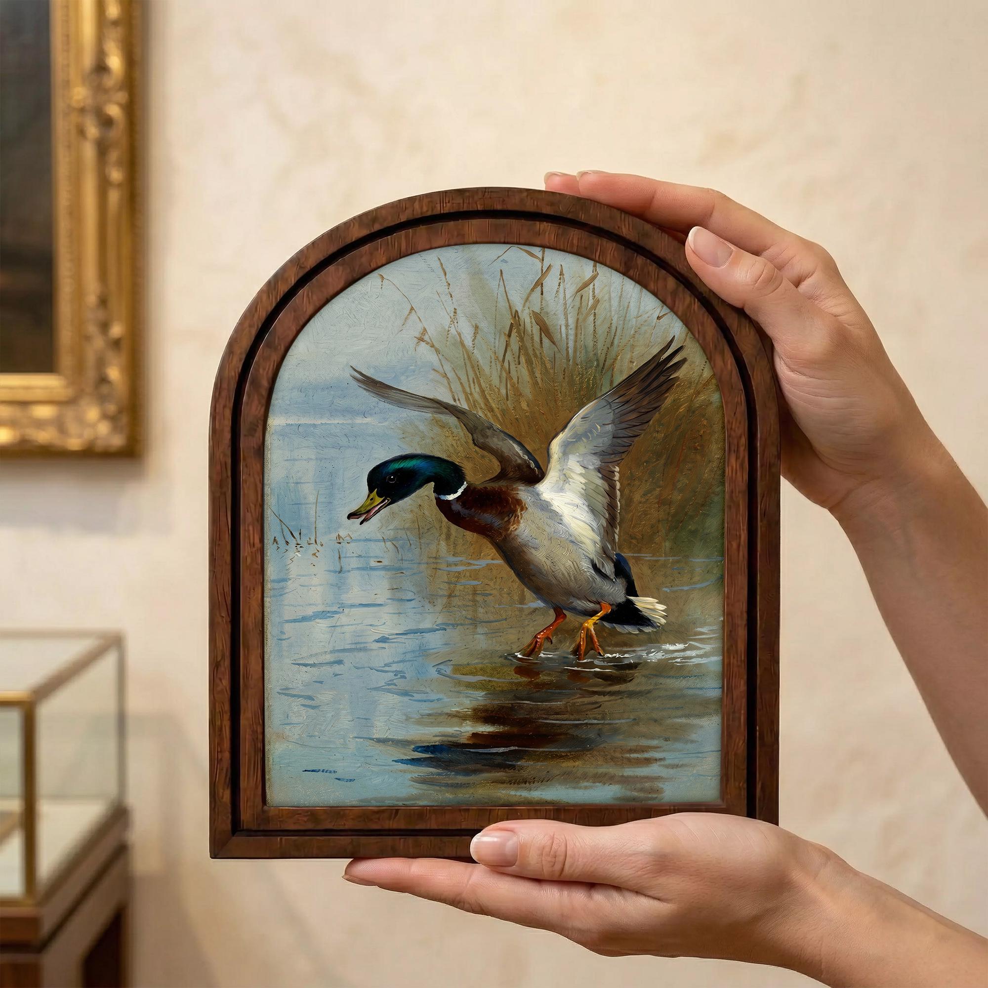 Mallard Duck Art, Wood Arch Framed Canvas, Vintage Wildlife Painting, Farmhouse Wall Decor, Hunting Lodge Gift, Rustic Duck Decor, Bird Art