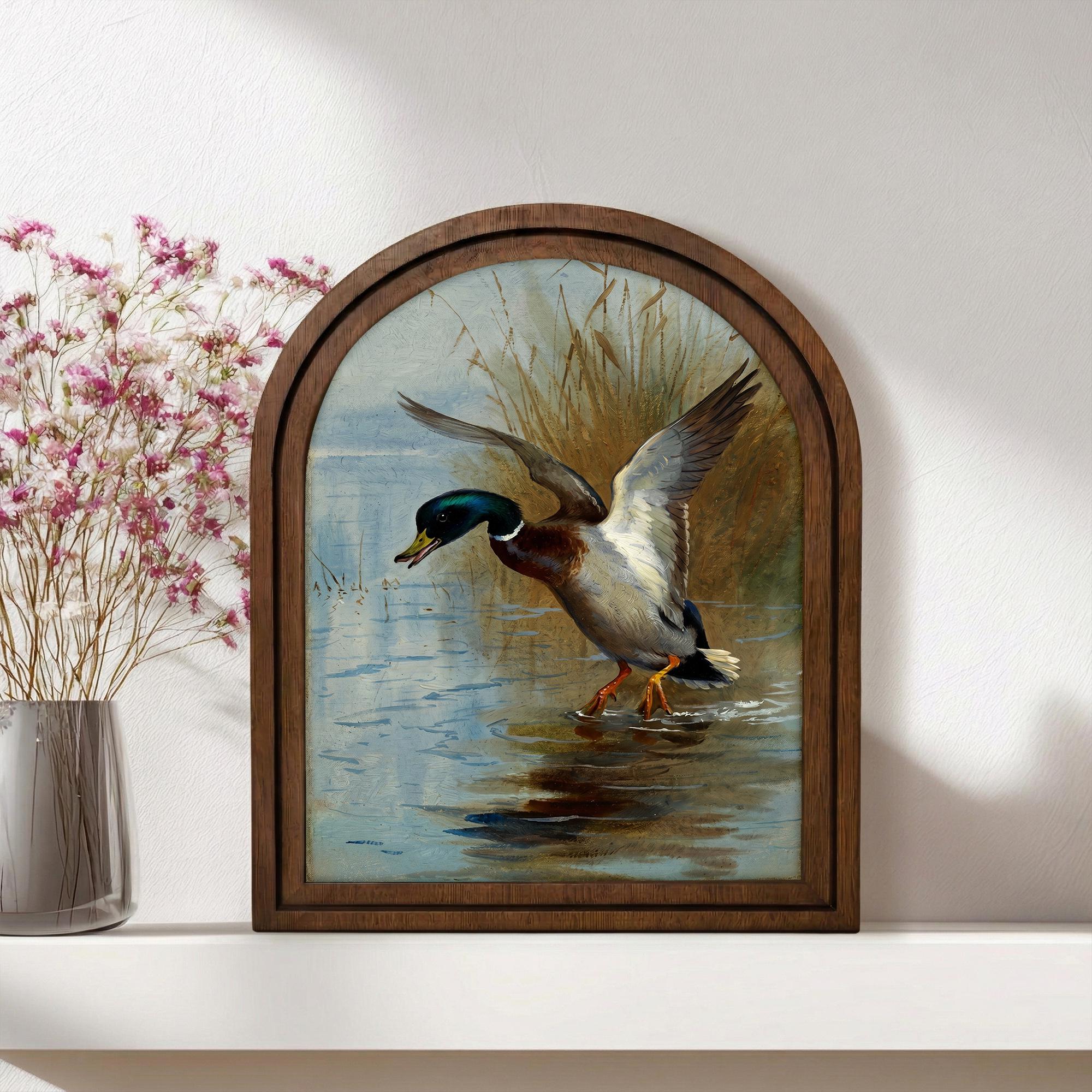 Mallard Duck Art, Wood Arch Framed Canvas, Vintage Wildlife Painting, Farmhouse Wall Decor, Hunting Lodge Gift, Rustic Duck Decor, Bird Art