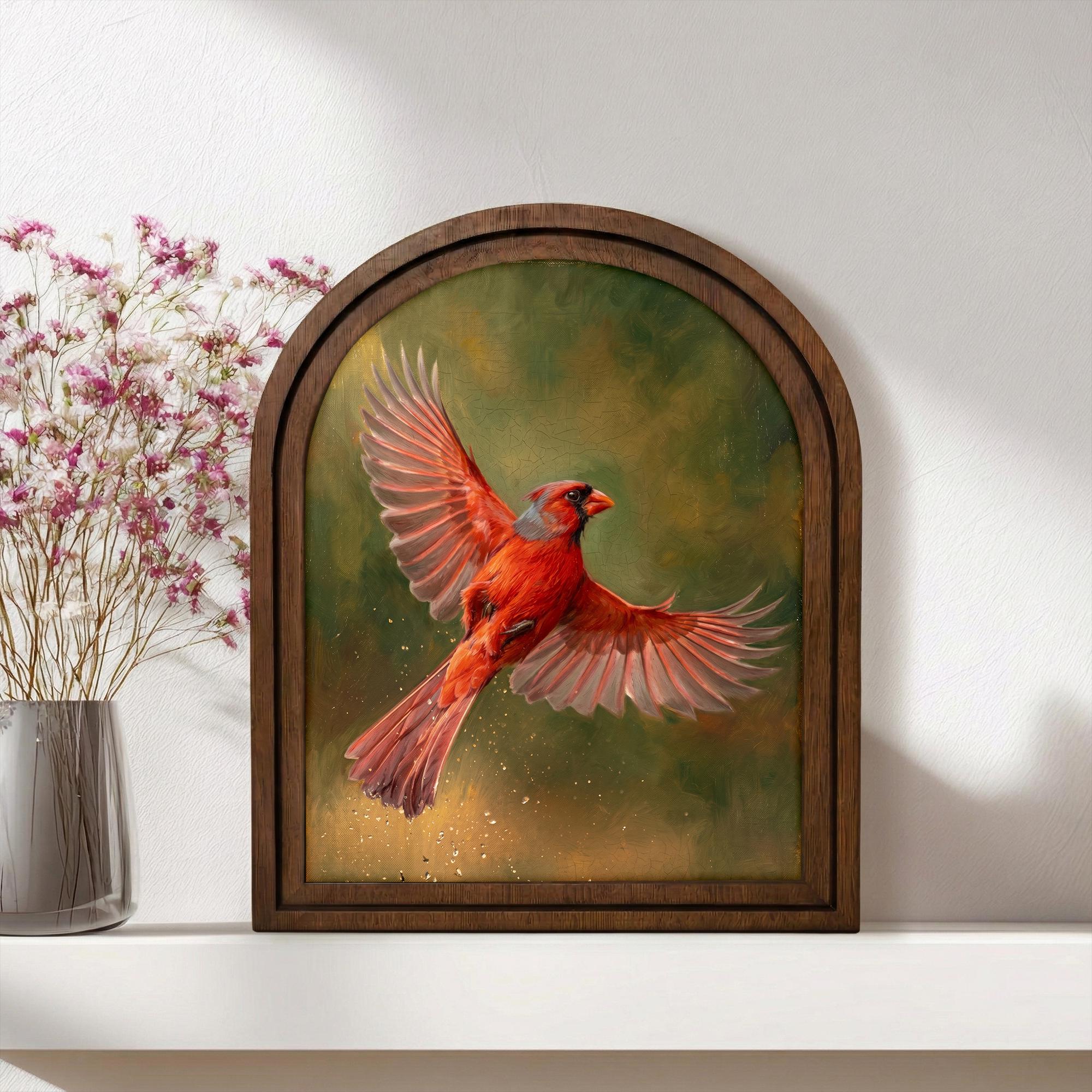 Flying Red Cardinal Art, Wood Arch Framed Canvas, Vintage Bird Painting, Farmhouse Wall Decor, Memorial Bird Gift, Rustic Home Gallery Art