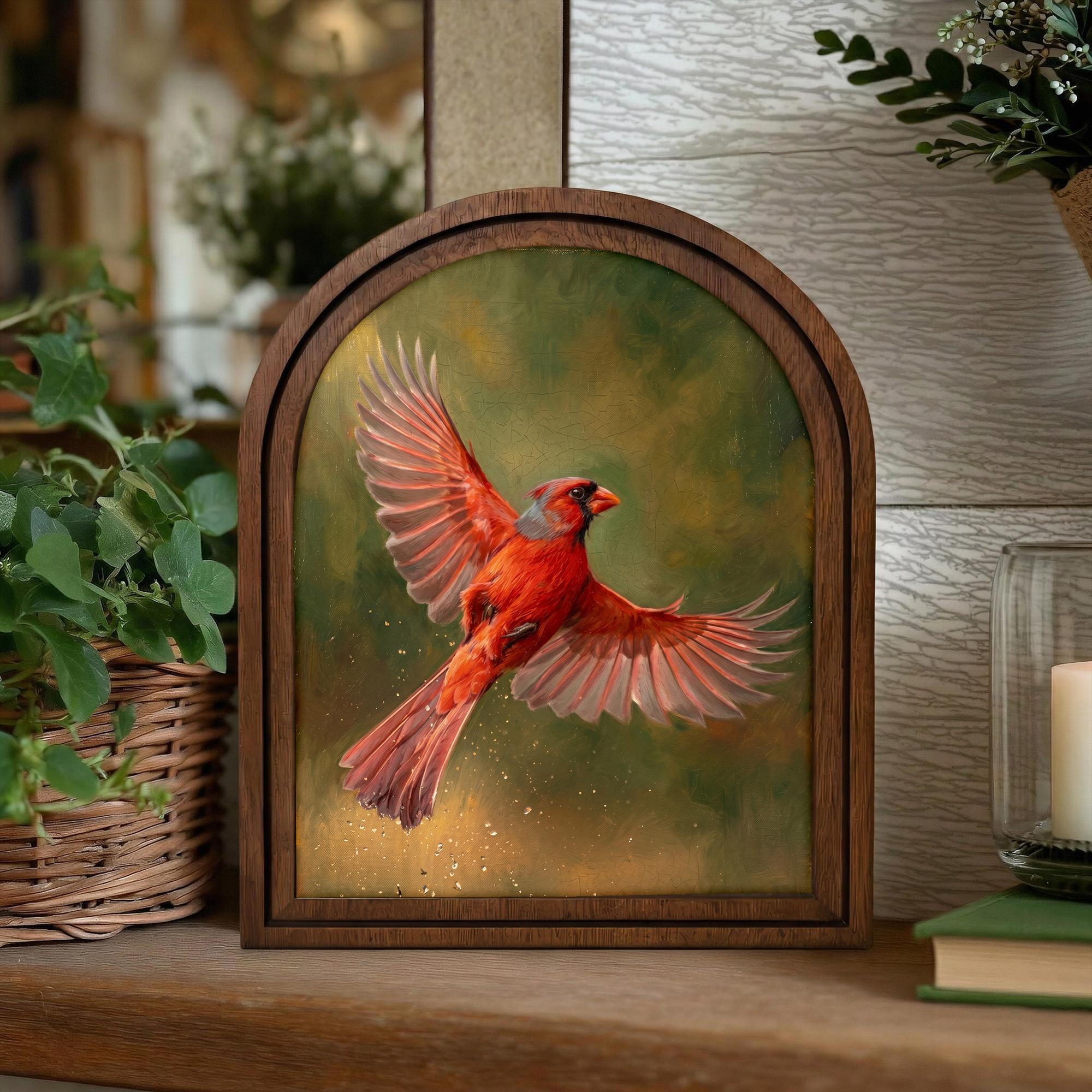 Flying Red Cardinal Art, Wood Arch Framed Canvas, Vintage Bird Painting, Farmhouse Wall Decor, Memorial Bird Gift, Rustic Home Gallery Art