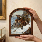 Eagle Hunting Deer Art, Wood Arch Framed Canvas, Vintage Wildlife Painting, Majestic Mountain Decor, Rustic Cabin Wall Art,Nature Lover Gift