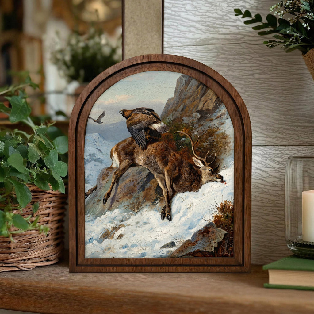 Eagle Hunting Deer Art, Wood Arch Framed Canvas, Vintage Wildlife Painting, Majestic Mountain Decor, Rustic Cabin Wall Art,Nature Lover Gift