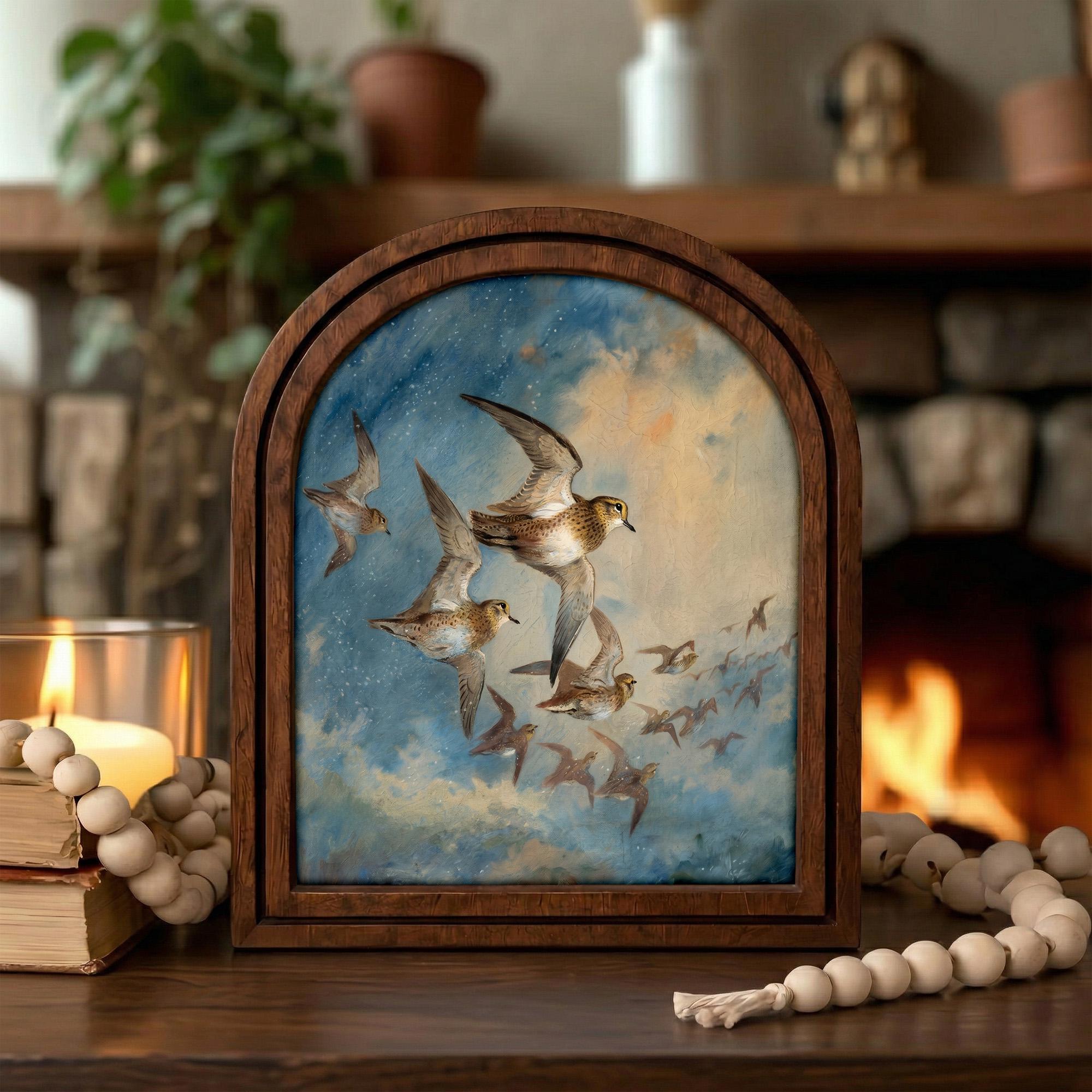 Vintage Sandpiper Bird Art, Wood Arch Framed Canvas, Coastal Farmhouse Decor, Flying Birds Painting, Shorebird Wall Art, Rustic Home Gift