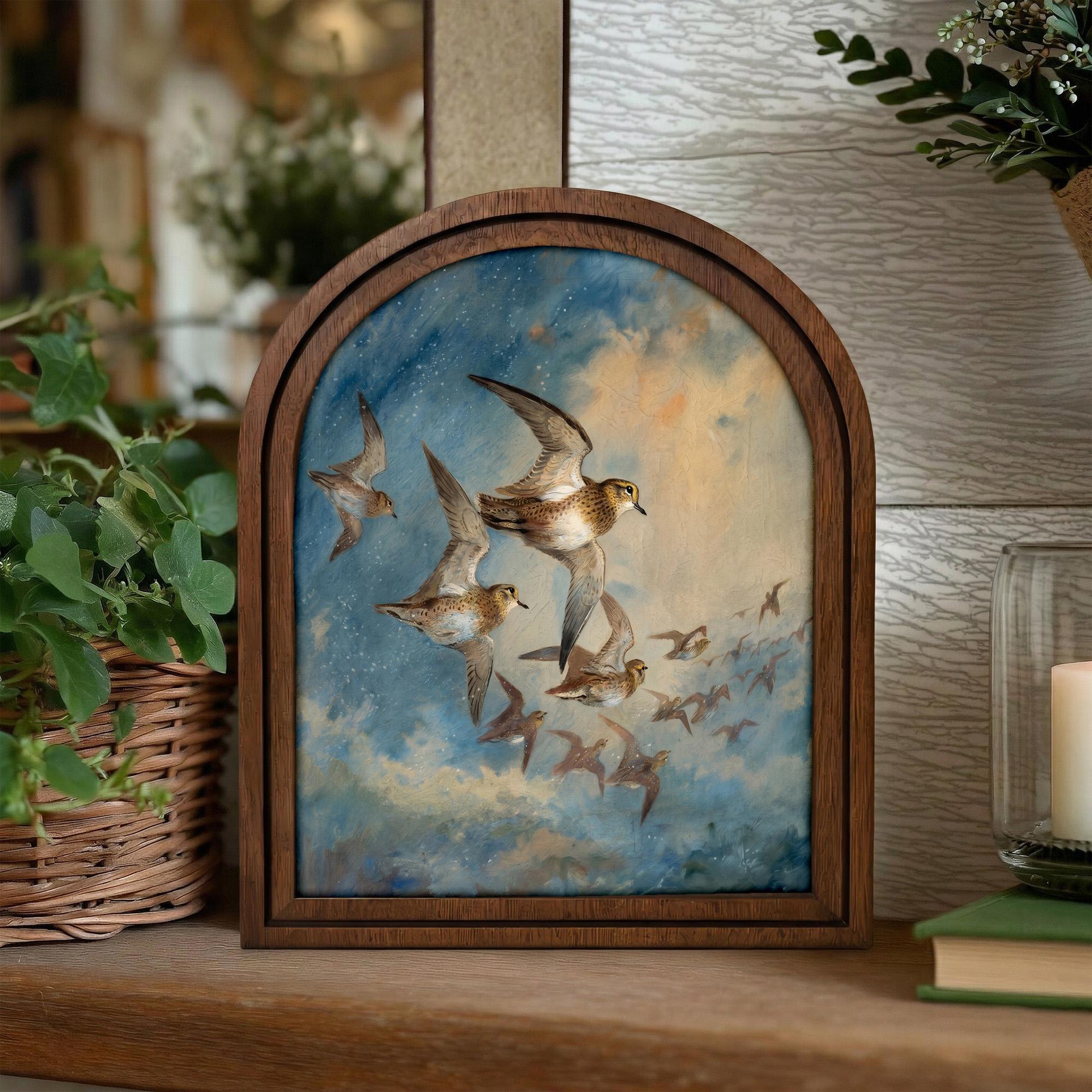Vintage Sandpiper Bird Art, Wood Arch Framed Canvas, Coastal Farmhouse Decor, Flying Birds Painting, Shorebird Wall Art, Rustic Home Gift