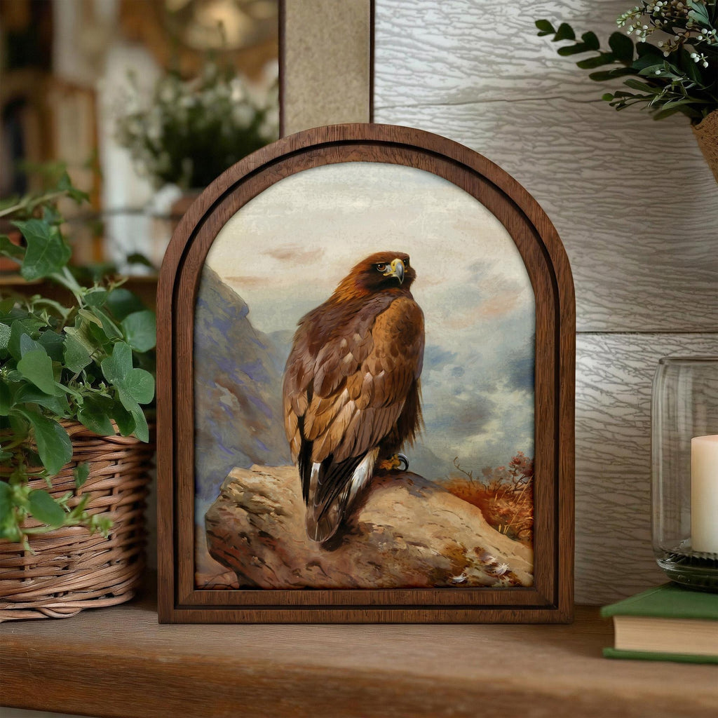 Golden Eagle Wall Art, Rustic Eagle Painting, Arched Wood Frame, Bird Lover Gift, Eagle Decor, Canvas Wood Art, Eagle Portrait,Farmhouse Art