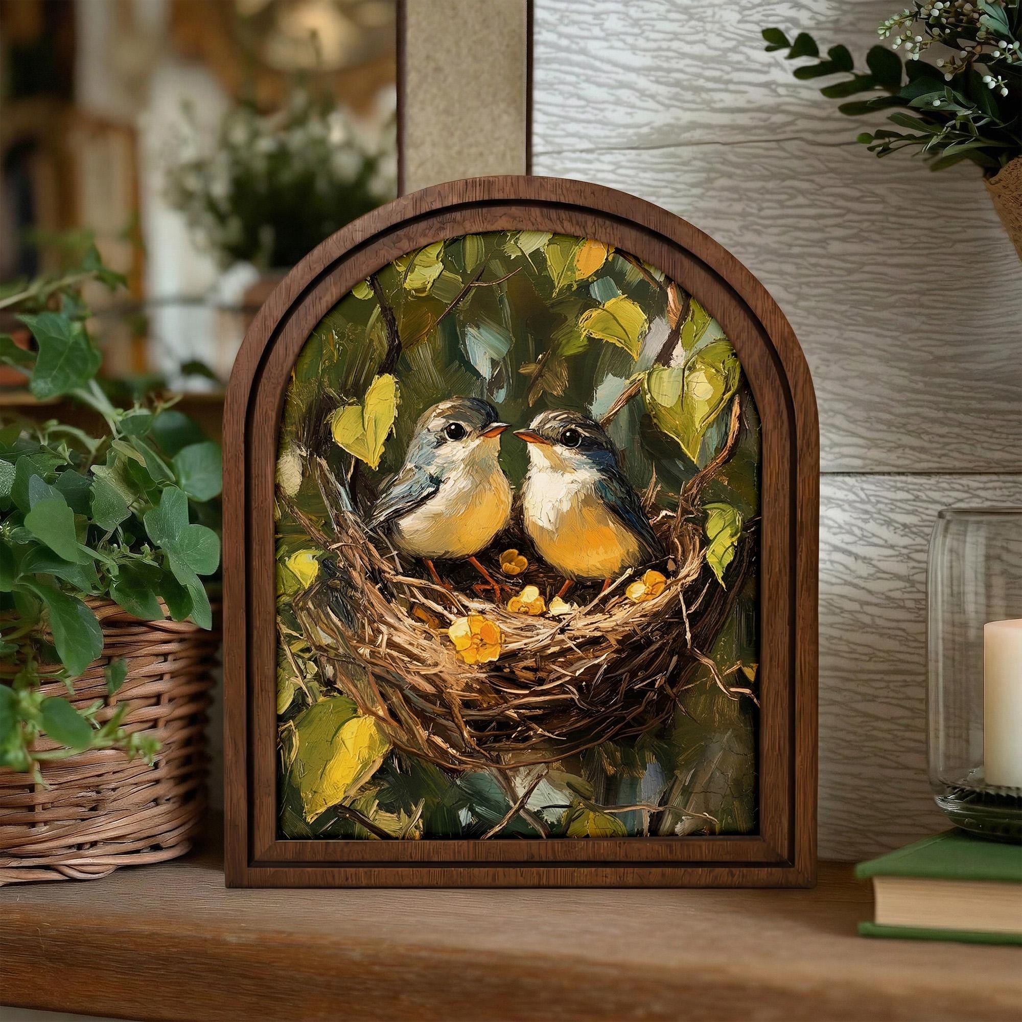 Bird Nest Wall Art, Oil Painting Birds, Farmhouse Decor, Wood Framed Canvas, Robin Nest Painting, Nursery Wall Art, Nature Lover Gift