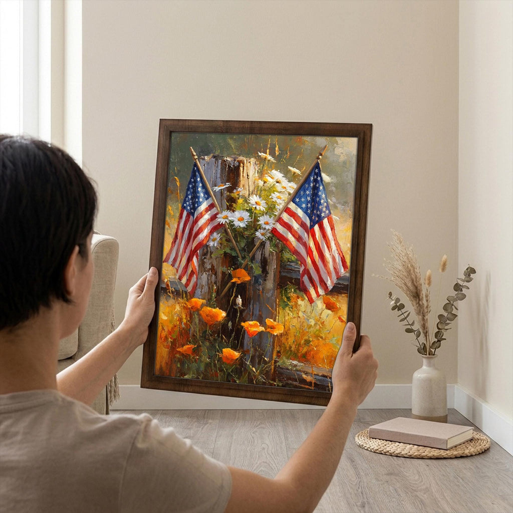 American Flag Print, 4th of July Decor, Patriotic Flower Art, Americana Oil Painting, Wildflower Wall Art, Rectangle Wood Frame,Veteran Gift