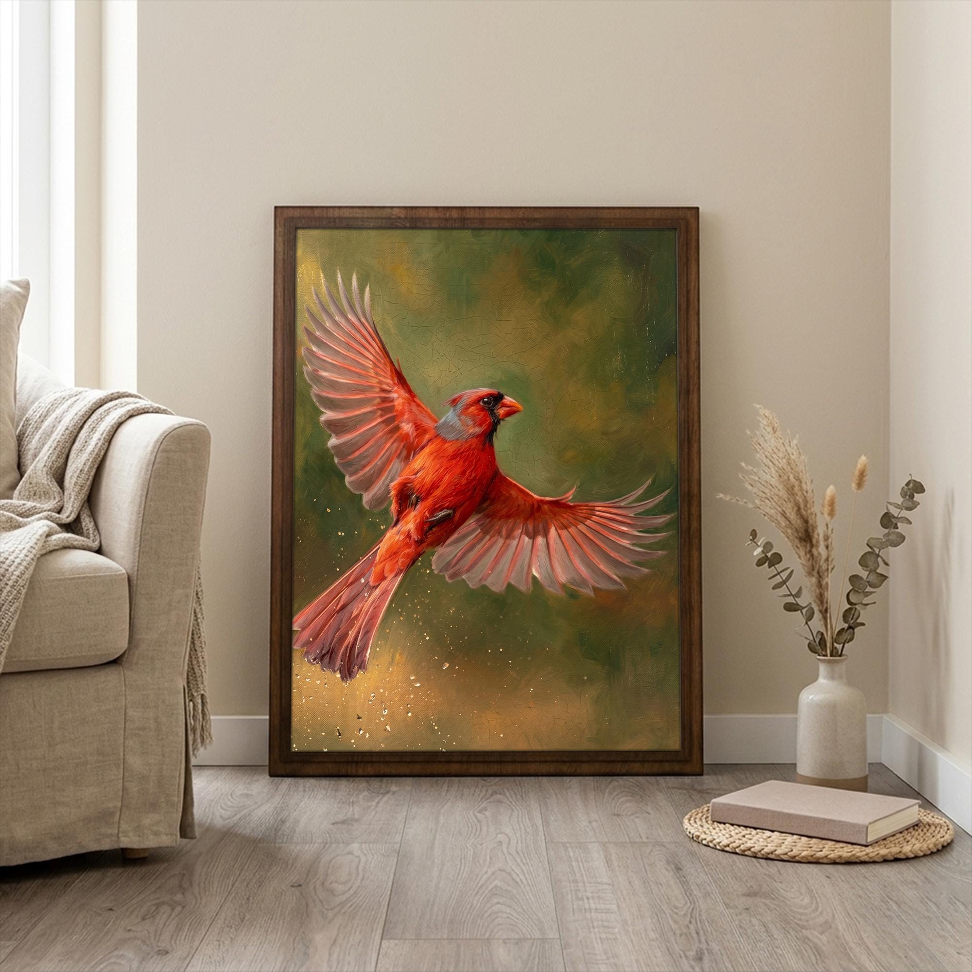Red Cardinal Print, Cardinal Bird Art, Rectangle Wood Frame, Wildlife Oil Painting, Cardinal Remembrance, Framed Canvas Art, Vintage Decor