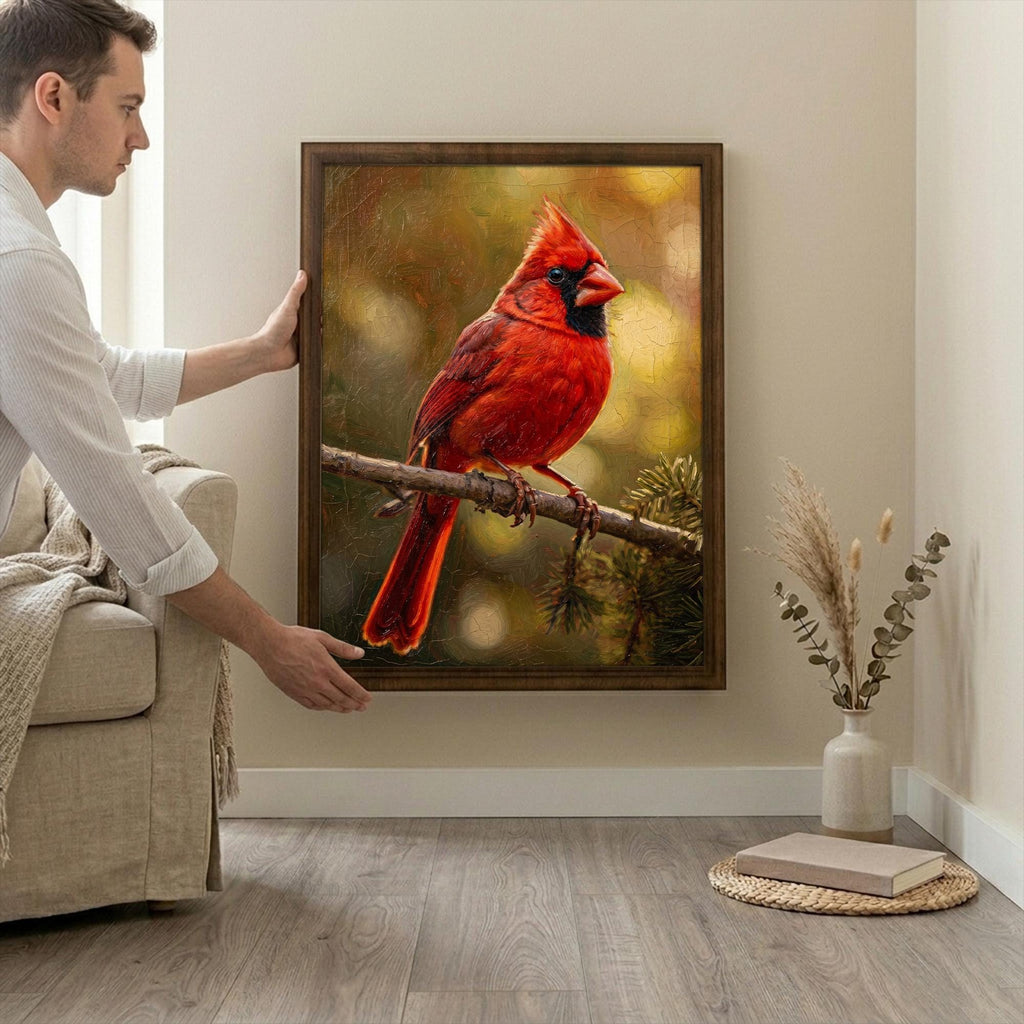 Red Cardinal Print, Cardinal Bird Art, Rectangle Wood Frame, Wildlife Oil Painting, Cardinal Remembrance, Framed Canvas Art, Vintage Decor