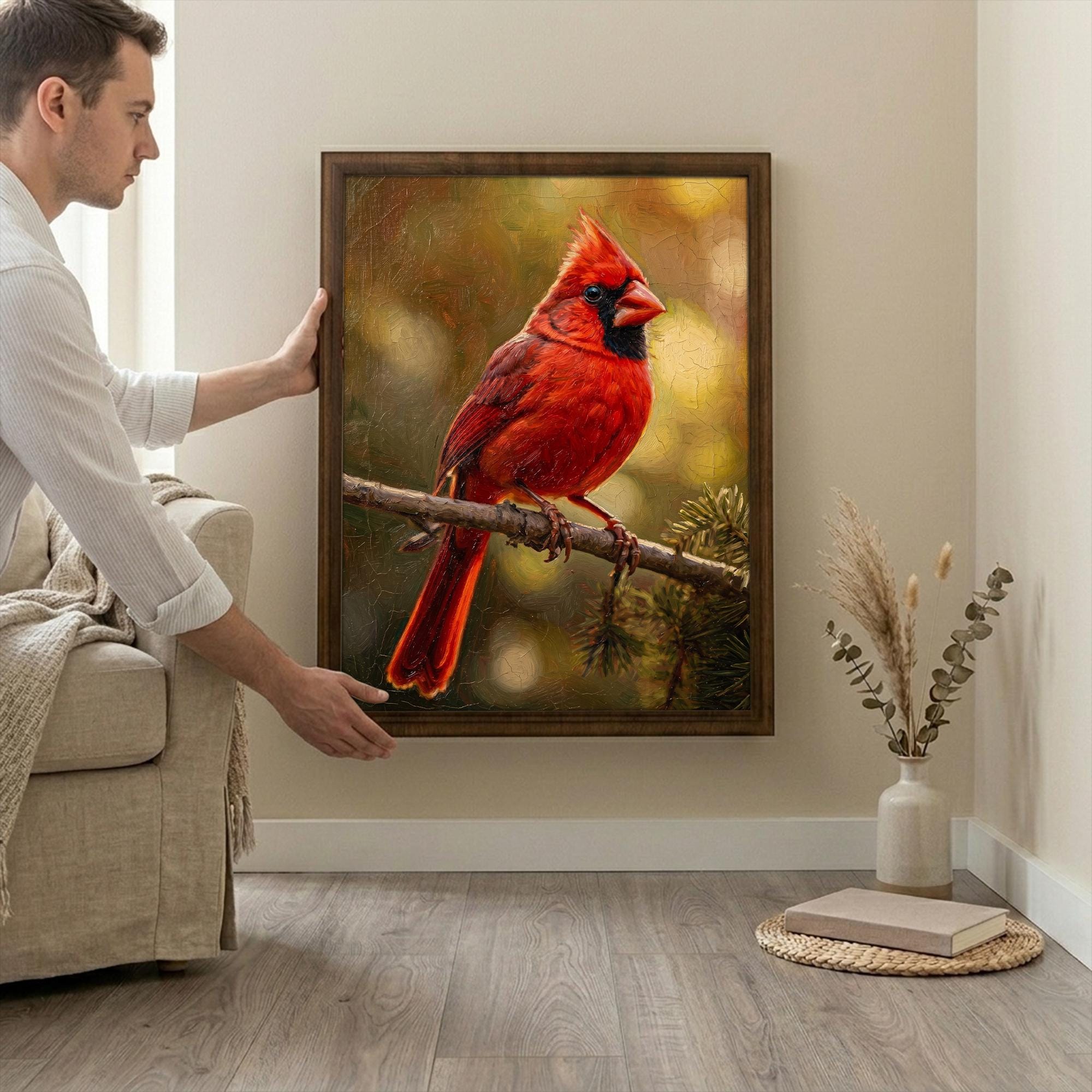 Red Cardinal Print, Cardinal Bird Art, Rectangle Wood Frame, Wildlife Oil Painting, Cardinal Remembrance, Framed Canvas Art, Vintage Decor