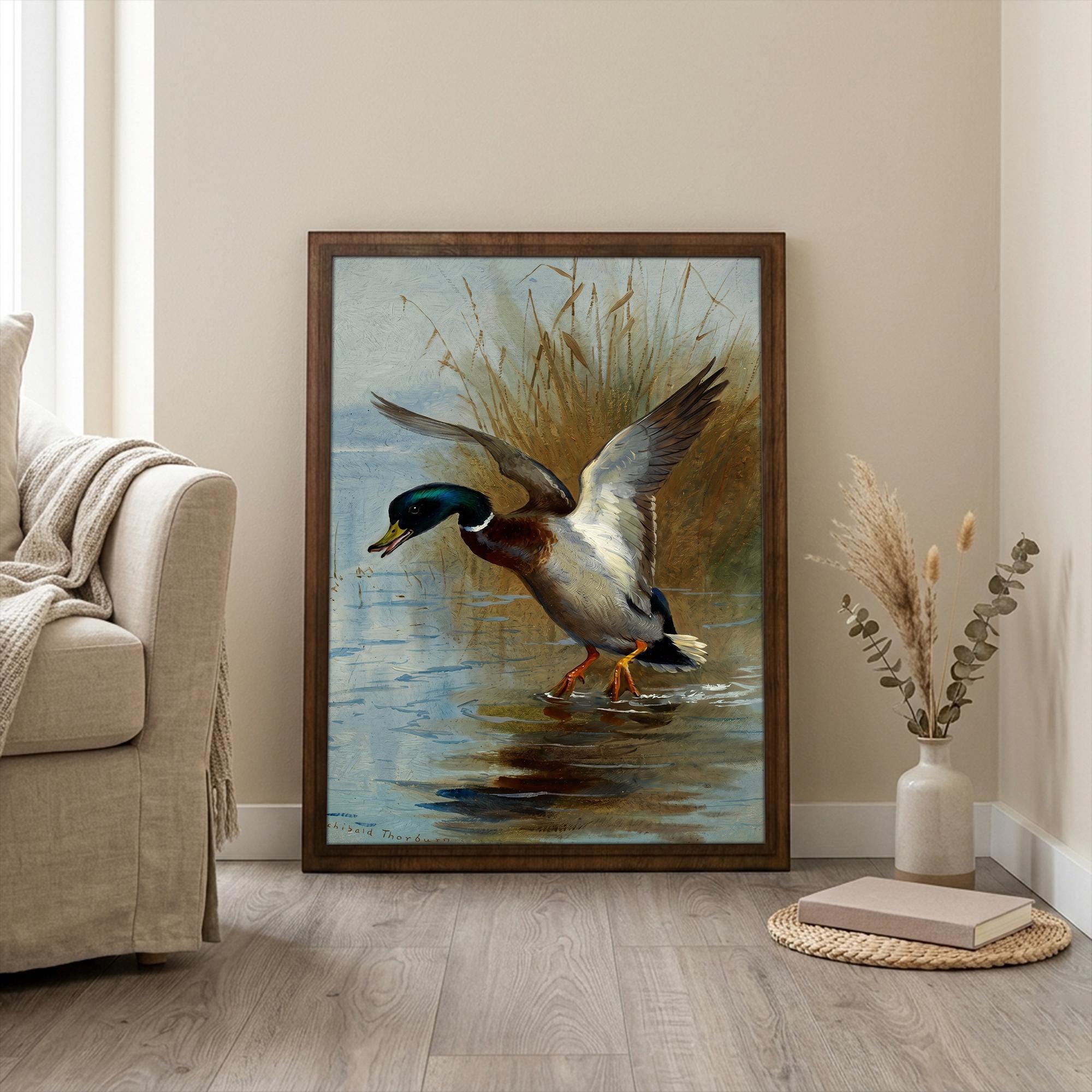Mallard Duck Print, Hunting Cabin Decor, Rectangle Wood Frame, Wild Duck Art, Wildlife Painting, Framed Canvas Art, Vintage Nature Decor