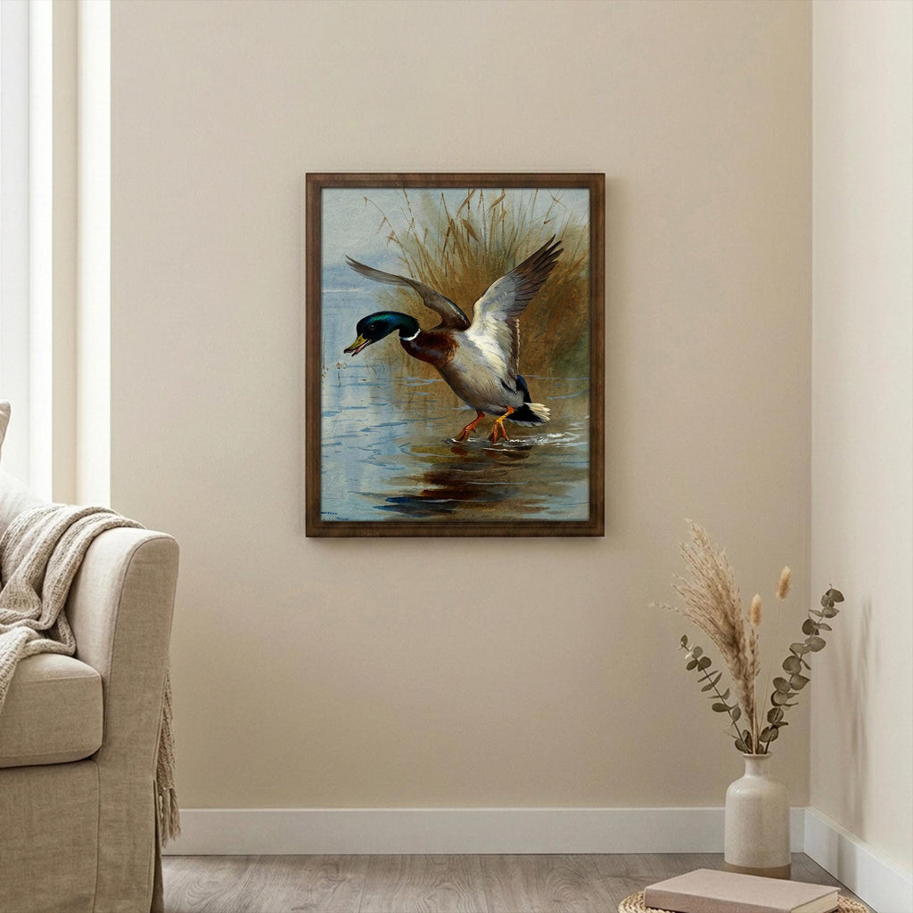 Mallard Duck Print, Hunting Cabin Decor, Rectangle Wood Frame, Wild Duck Art, Wildlife Painting, Framed Canvas Art, Vintage Nature Decor