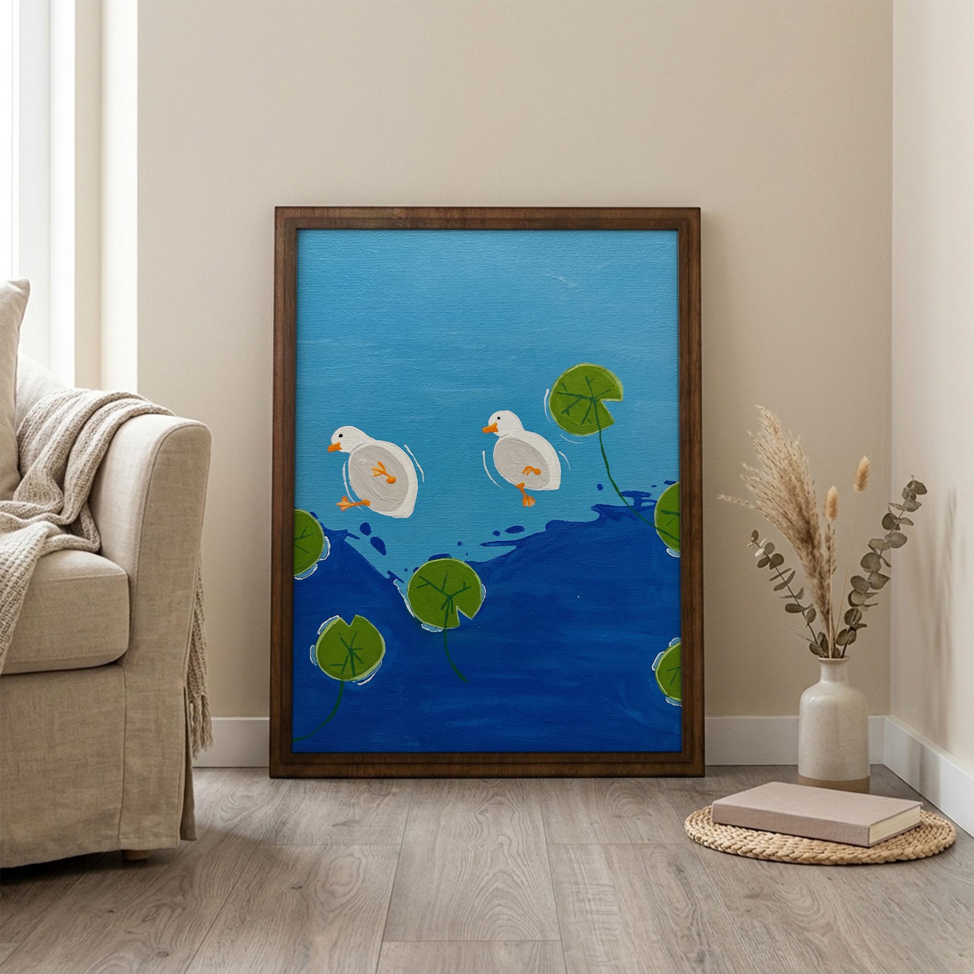 Cute Duck Painting, Nursery Wall Art, Rectangle Wood Frame, Kids Bathroom Decor, Cottagecore Art Print, Framed Canvas, Baby Shower Gift