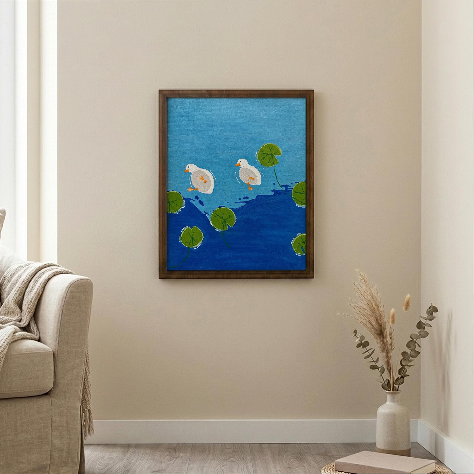Cute Duck Painting, Nursery Wall Art, Rectangle Wood Frame, Kids Bathroom Decor, Cottagecore Art Print, Framed Canvas, Baby Shower Gift