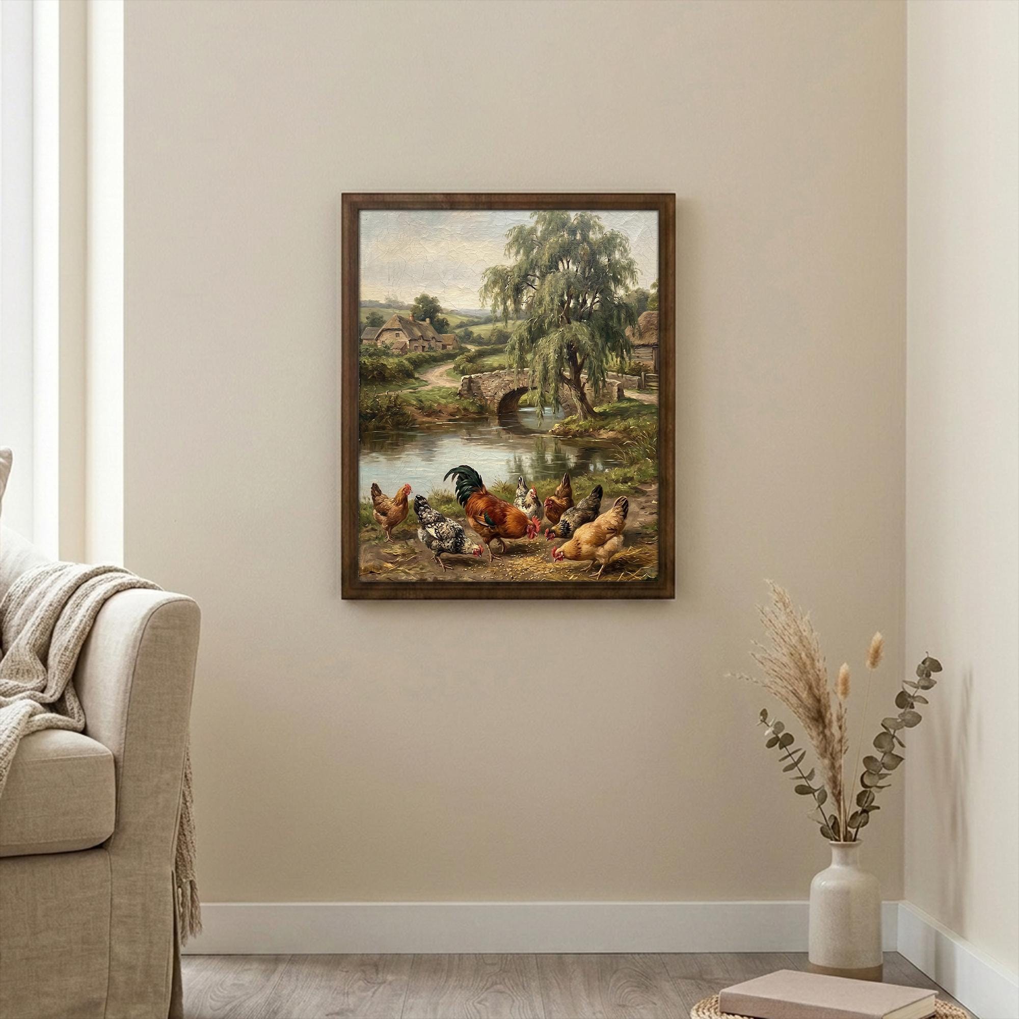 Rooster Oil Painting, Farmhouse Wall Art, Rectangle Wood Frame, Country Kitchen Decor, Vintage Chicken Print, Framed Canvas, Cottage Decor