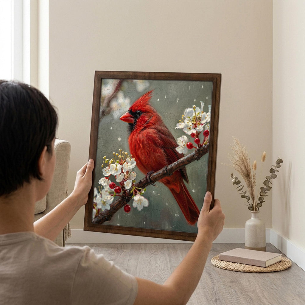 Red Cardinal Print, Cardinal Bird Art, Rectangle Wood Frame, Wildlife Oil Painting, Cardinal Remembrance, Framed Canvas Art, Vintage Decor