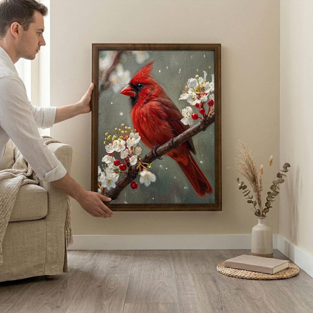Red Cardinal Print, Cardinal Bird Art, Rectangle Wood Frame, Wildlife Oil Painting, Cardinal Remembrance, Framed Canvas Art, Vintage Decor