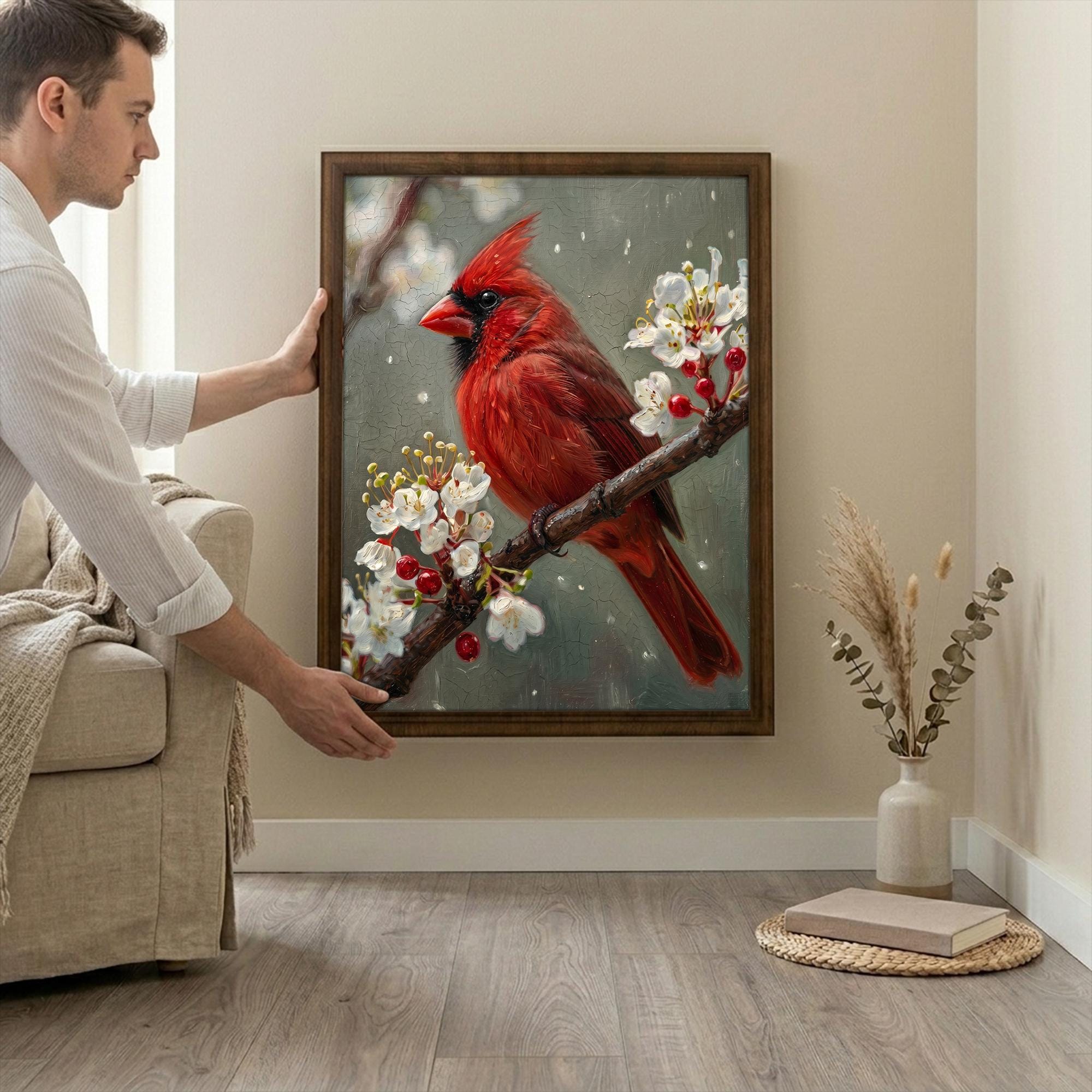 Red Cardinal Print, Cardinal Bird Art, Rectangle Wood Frame, Wildlife Oil Painting, Cardinal Remembrance, Framed Canvas Art, Vintage Decor