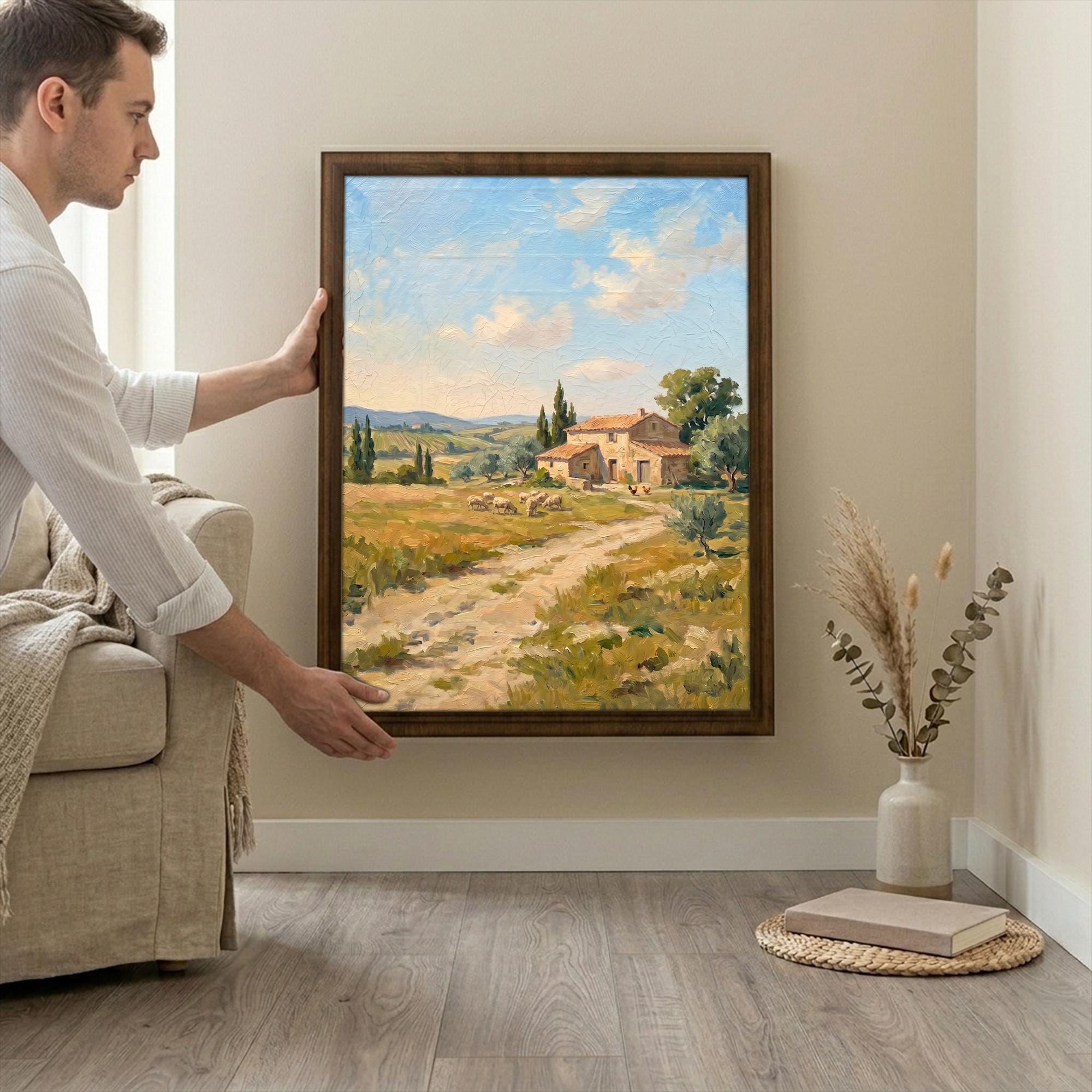 Tuscany Landscape, Italy Oil Painting, Rectangle Wood Frame, Mediterranean Wall Art, Countryside Canvas, Framed Art Gift, Vintage Decor