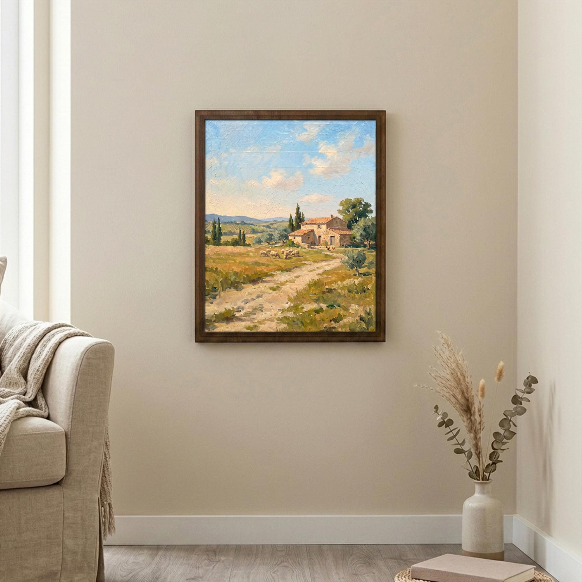 Tuscany Landscape, Italy Oil Painting, Rectangle Wood Frame, Mediterranean Wall Art, Countryside Canvas, Framed Art Gift, Vintage Decor