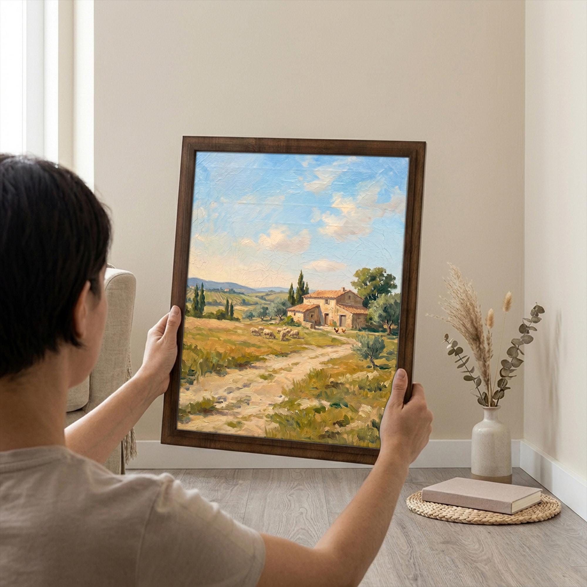 Tuscany Landscape, Italy Oil Painting, Rectangle Wood Frame, Mediterranean Wall Art, Countryside Canvas, Framed Art Gift, Vintage Decor