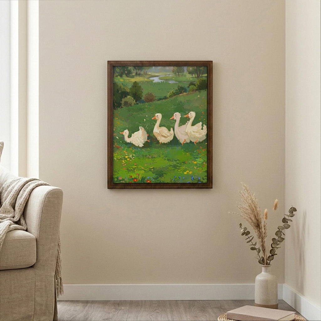 Duck Nursery Wall Art, Cute Goose Oil Painting, Kids Room Decor, Framed Canvas Wood Art, Farmhouse Animal Decor, Whimsical Duckling Print