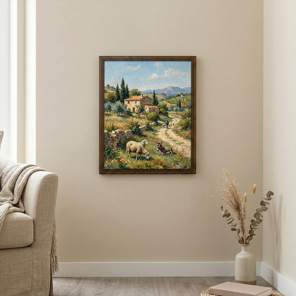 Tuscany Landscape Art, Countryside Wall Art, Framed Canvas Wood Art, Italian Villa Decor, Farmhouse Sheep Painting, Rustic Home Decor