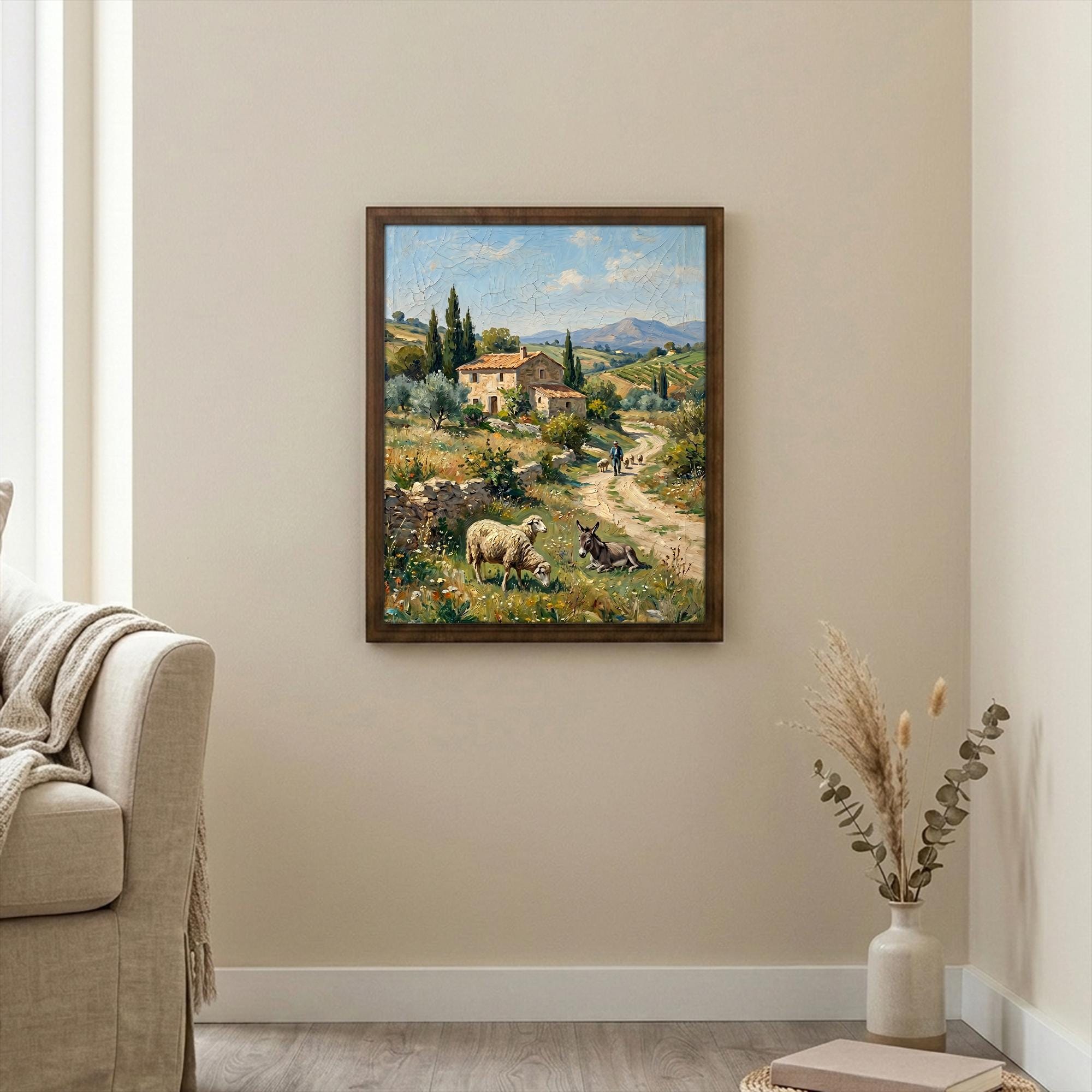 Tuscany Landscape Art, Countryside Wall Art, Framed Canvas Wood Art, Italian Villa Decor, Farmhouse Sheep Painting, Rustic Home Decor